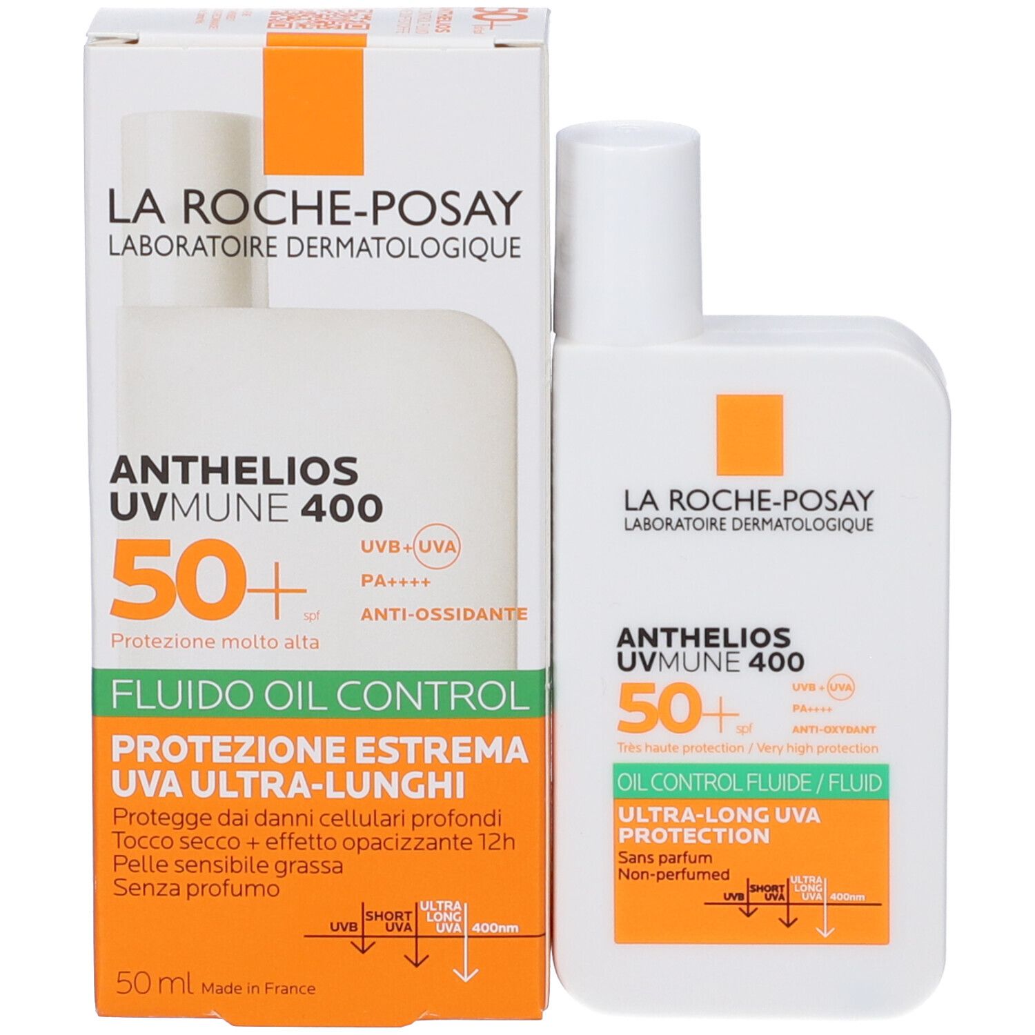 Prodotto con confezione. Flacone bianco e scatola. Testo: La Roche-Posay, Anthelios Uvmune 400, SPF 50+, Oil Control Fluid.