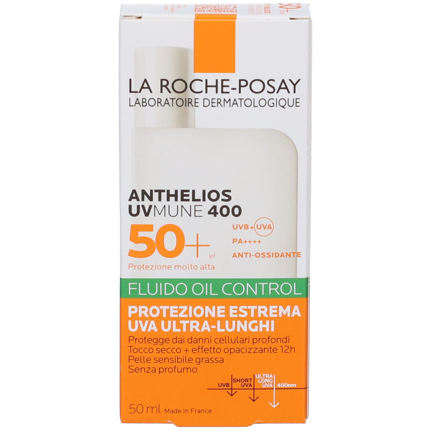 Confezione in cartone. Testo: La Roche-Posay, Anthelios Uvmune 400, SPF 50+, Oil Control Fluid, protezione cellulare, 50 ml.