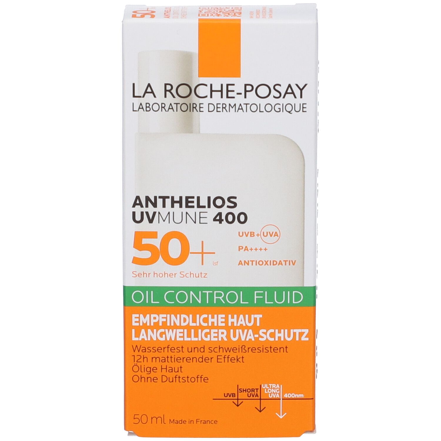 Prodotto con confezione. Flacone bianco e scatola. Testo: La Roche-Posay, Anthelios Uvmune 400, SPF 50+, Oil Control Fluid.