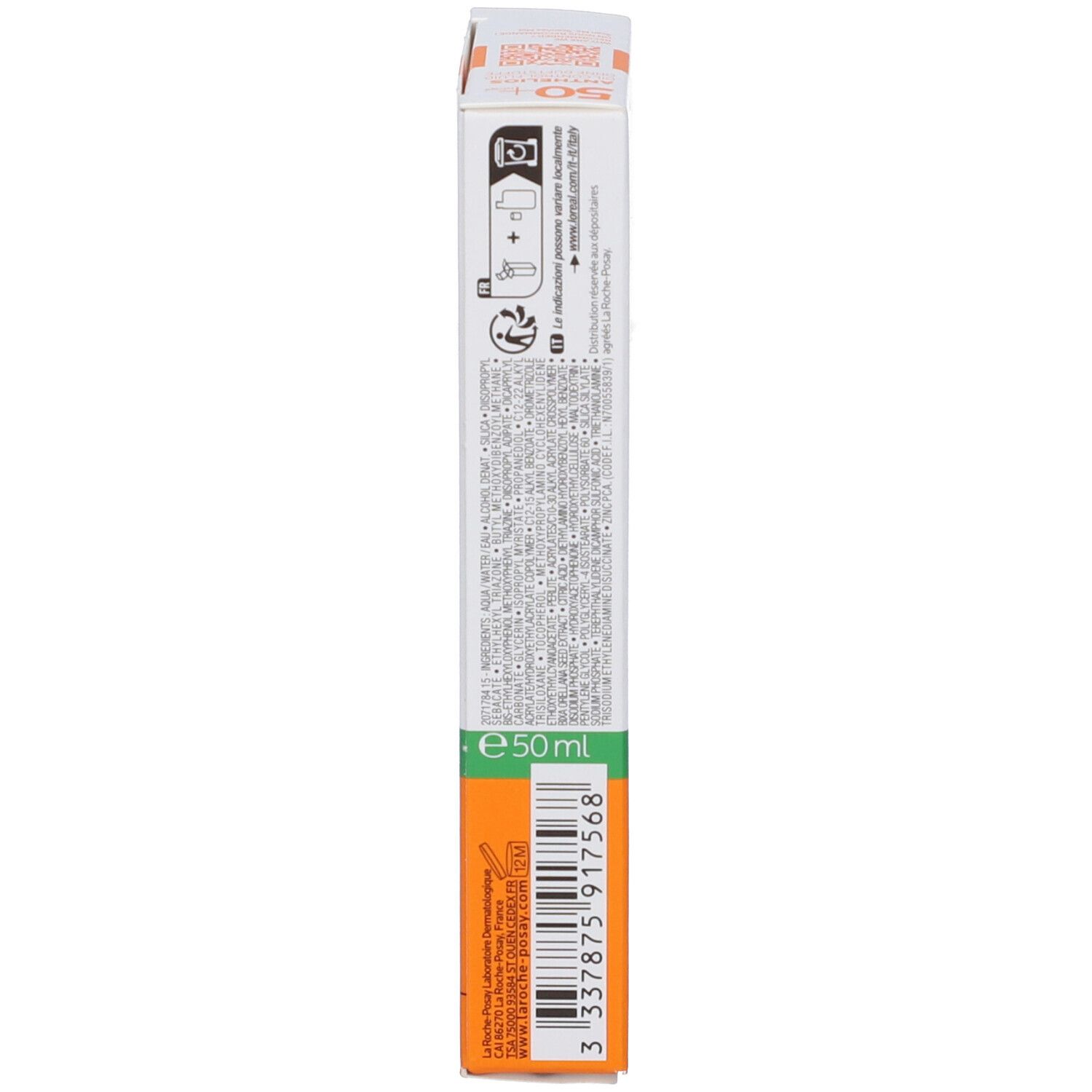 Lato della confezione in cartone. Testo: La Roche-Posay, ingredienti, 50ml, numero di lotto.