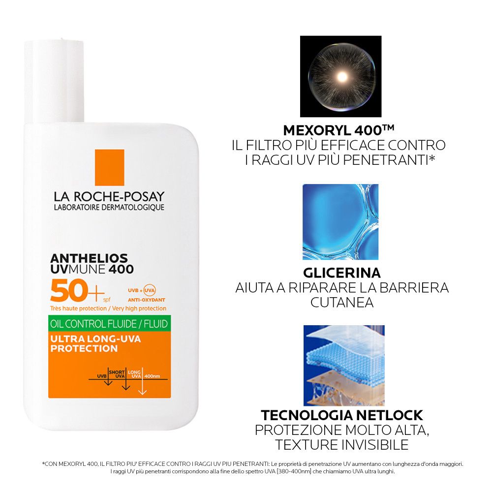 Fluido La Roche-Posay Anthelios UVMune 400: Filtro Mexoryl 400, Glicerina riparatrice, tecnologia Netlock.
