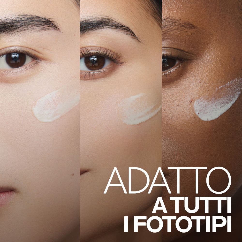 Protezione solare La Roche-Posay Anthelios per tutti i fototipi. Mostra diverse tonalità di pelle con crema applicata.