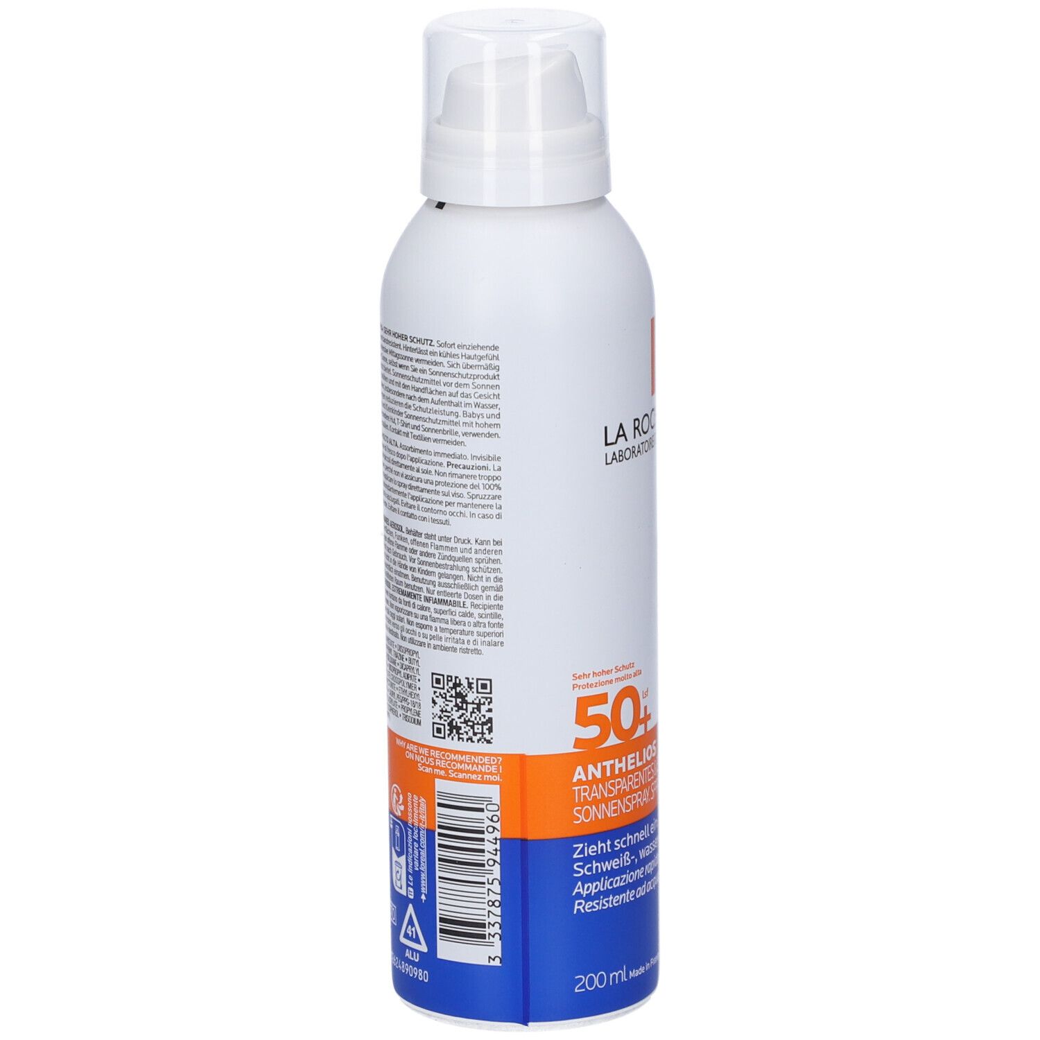 Spray bianco con testo. Scritta: LA ROCHE-POSAY. Retro con testo e codice QR. Accenti blu e arancioni. 200ml.
