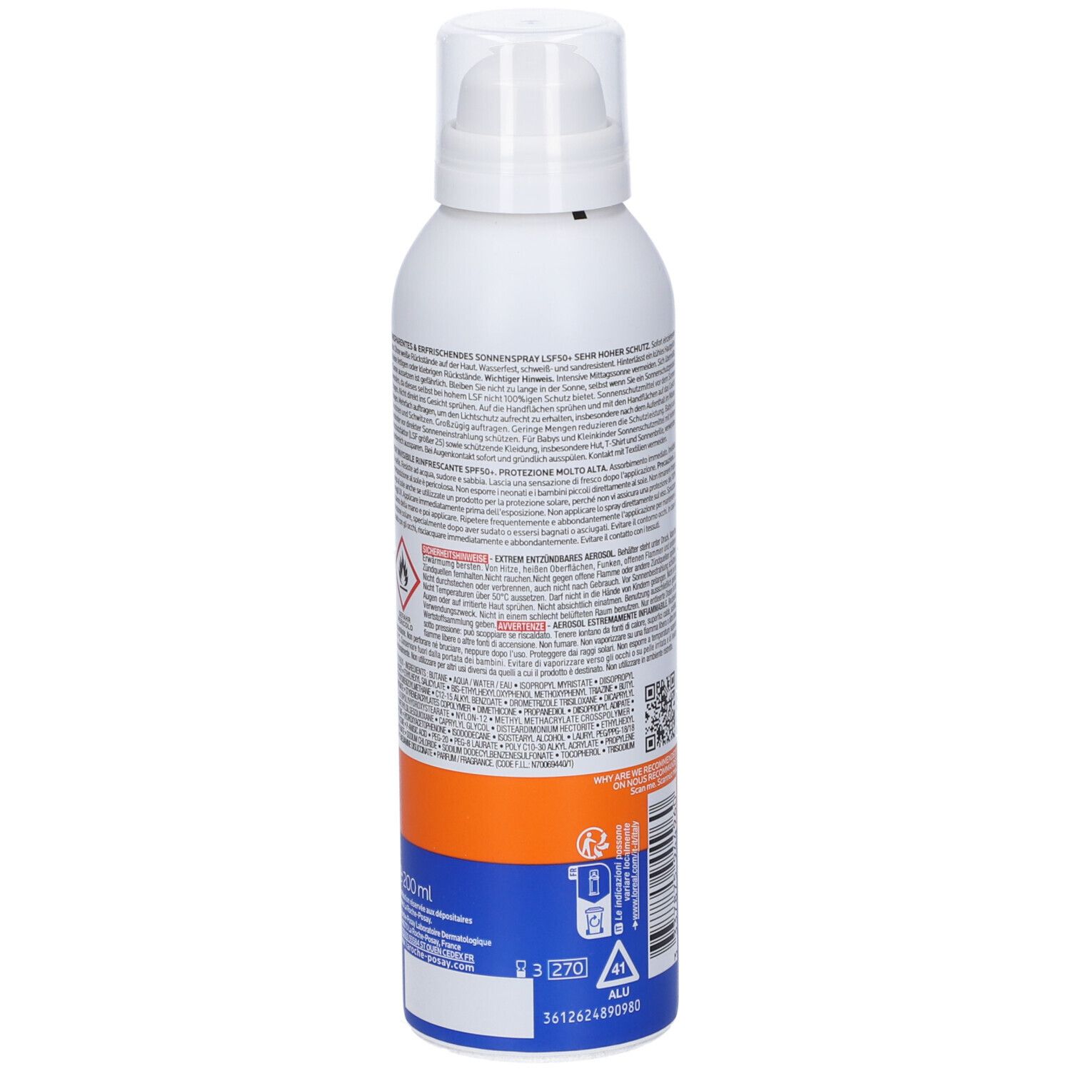 Spray bianco con testo. Scritta: LA ROCHE-POSAY. Retro con testo e pittogrammi. Accenti blu e arancioni. 200ml.