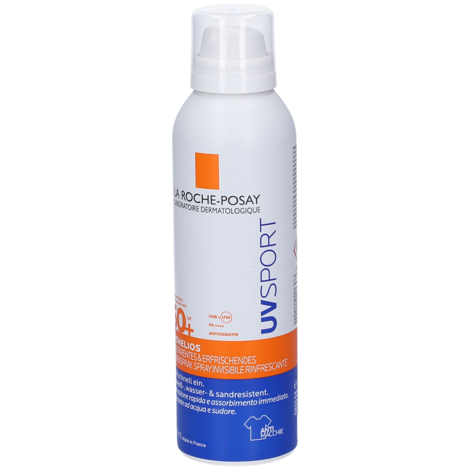 Spray bianco con accento arancione. Scritta: LA ROCHE-POSAY, ANTHELIOS UVSPORT, 50+. Erogatore spray. 200ml.