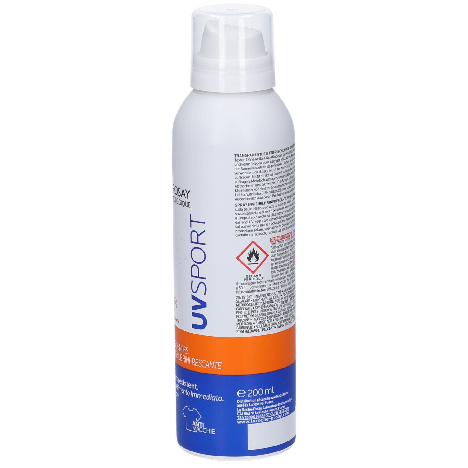 Spray bianco con testo. Scritta: LA ROCHE-POSAY, UVSPORT. Retro con testo e pittogrammi. 200ml.