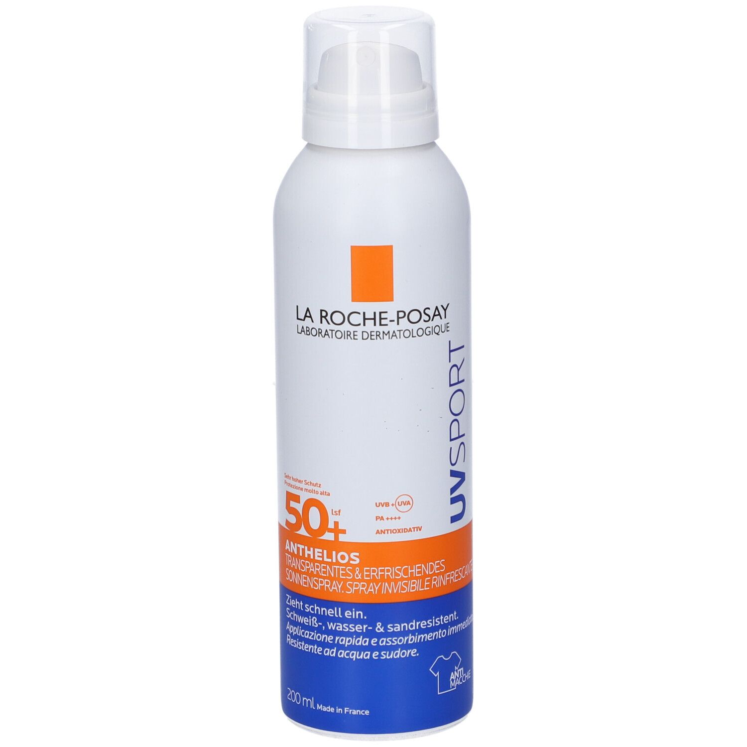 Spray bianco con accento arancione. Scritta: LA ROCHE-POSAY, ANTHELIOS UVSPORT, 50+. Erogatore spray. 200ml.