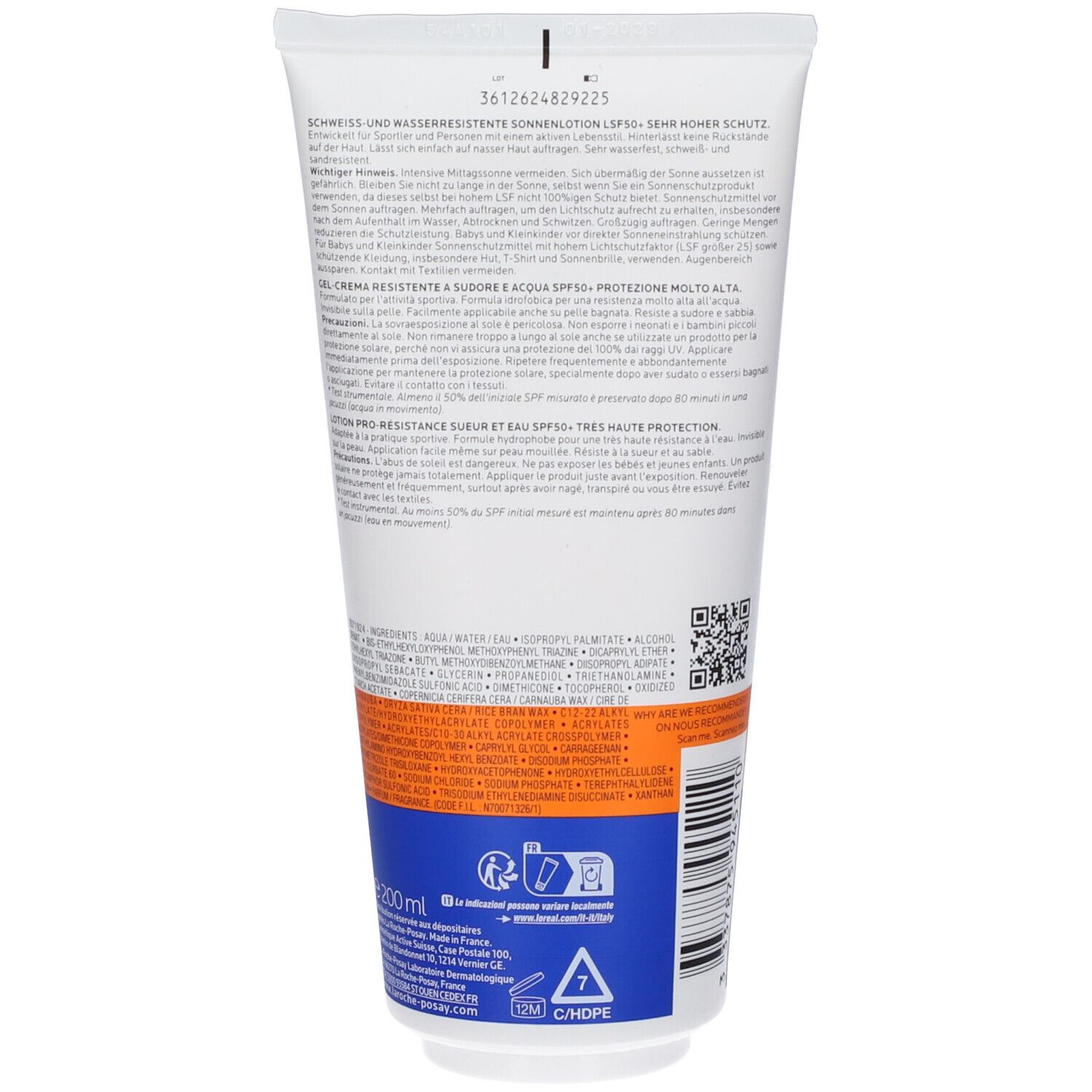 Retro di un tubo bianco con etichetta arancione e blu. Testo in più lingue. In basso: 200 ml, simbolo di riciclaggio.