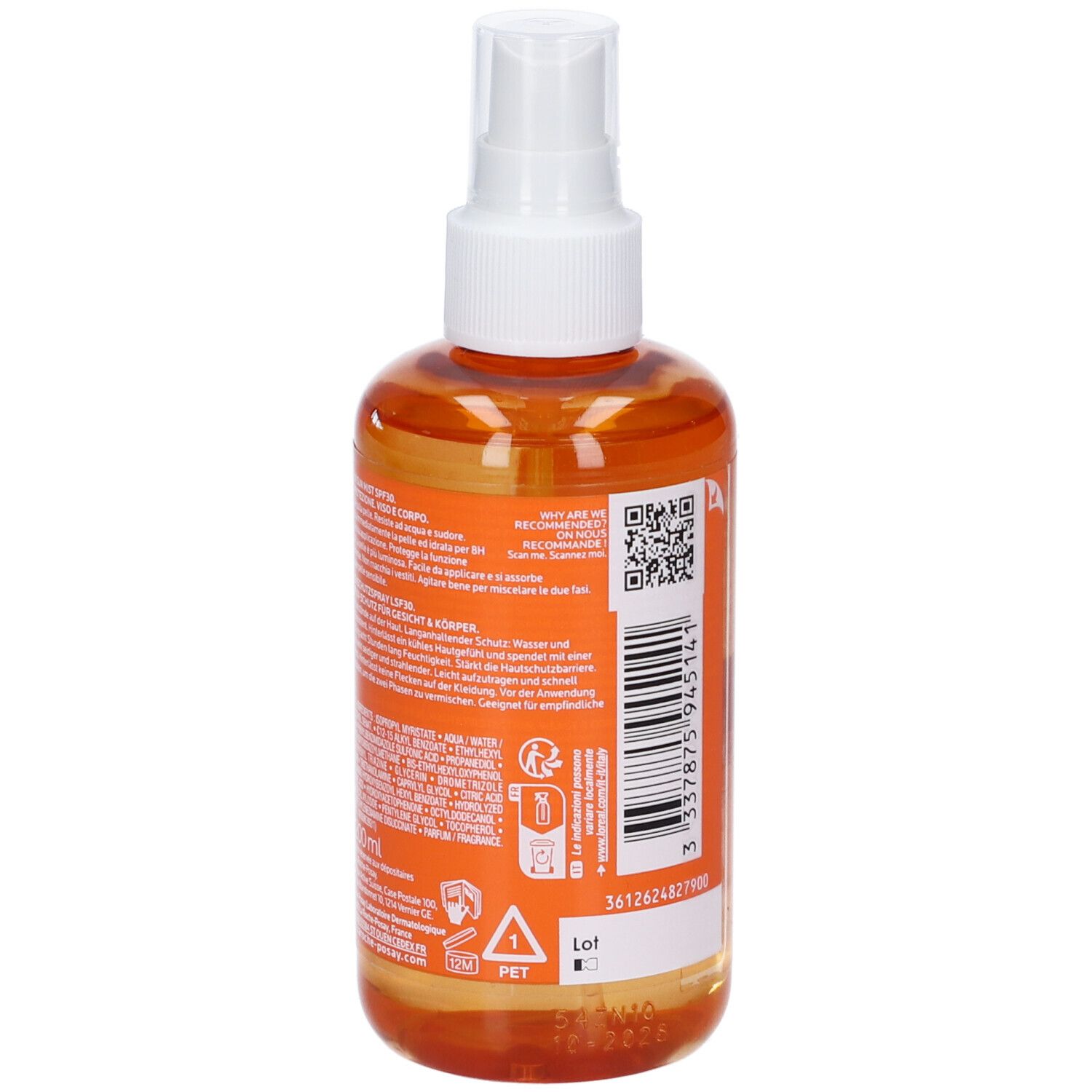 Vista posteriore di un flacone arancione con erogatore bianco. Etichetta con testo e simboli. Prodotto: Anthelios Vitamin Sun Mist.