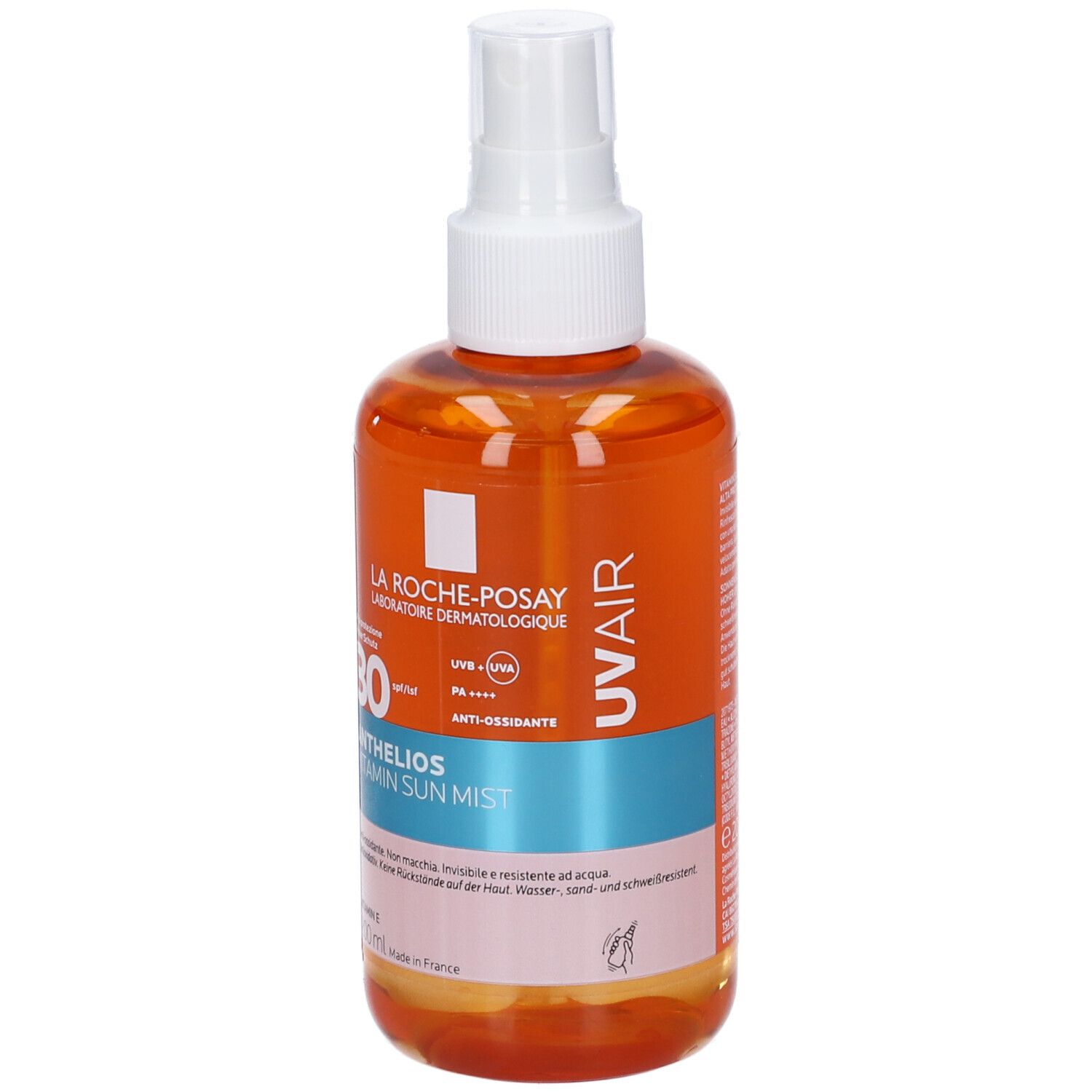 Spray di nebbia solare con erogatore bianco. Flacone arancione con etichetta blu e rosa. Testo: Anthelios Vitamin Sun Mist SPF 30.