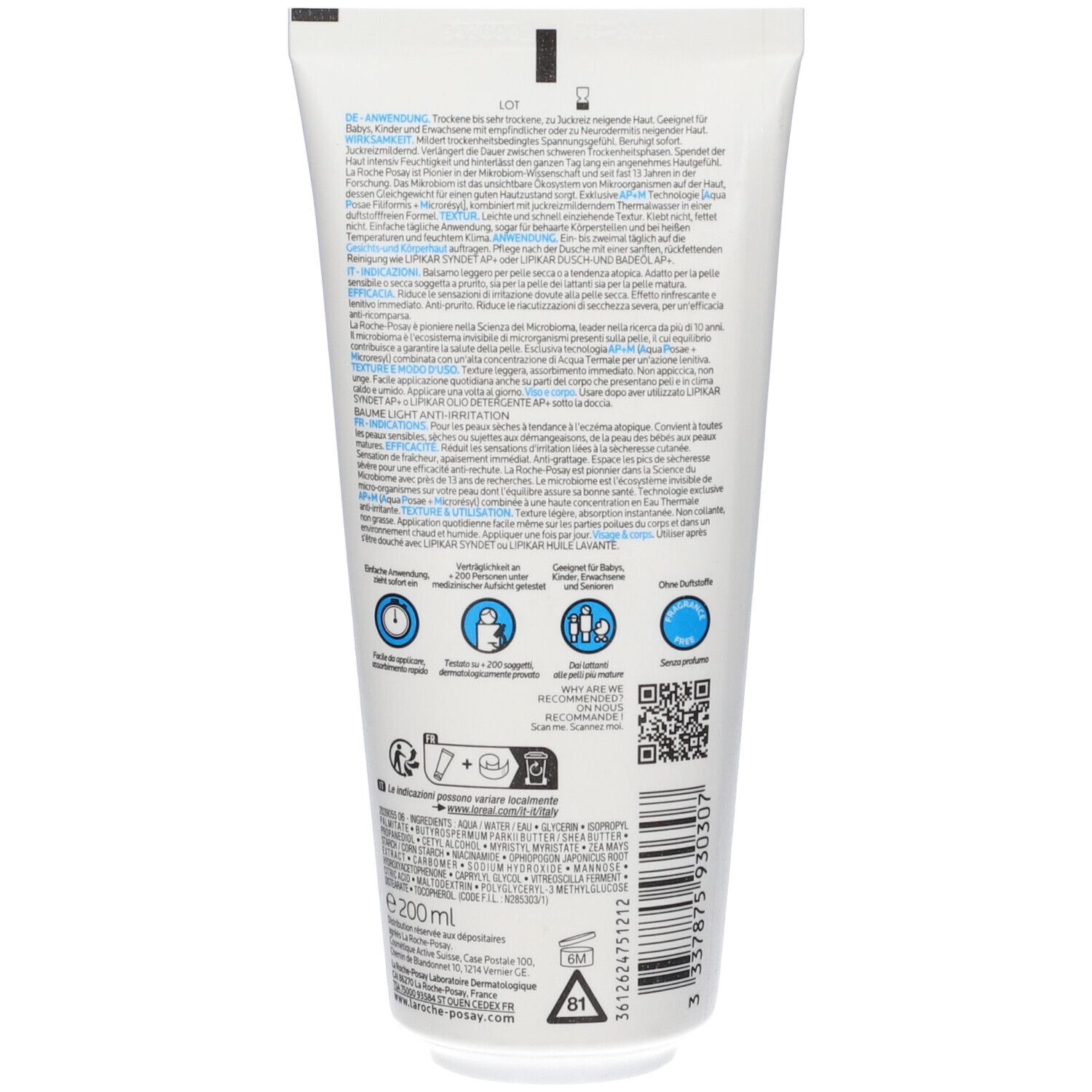 Retro del tubo. Testo e pittogrammi. Ingredienti e codice QR. Elementi blu e bianchi.