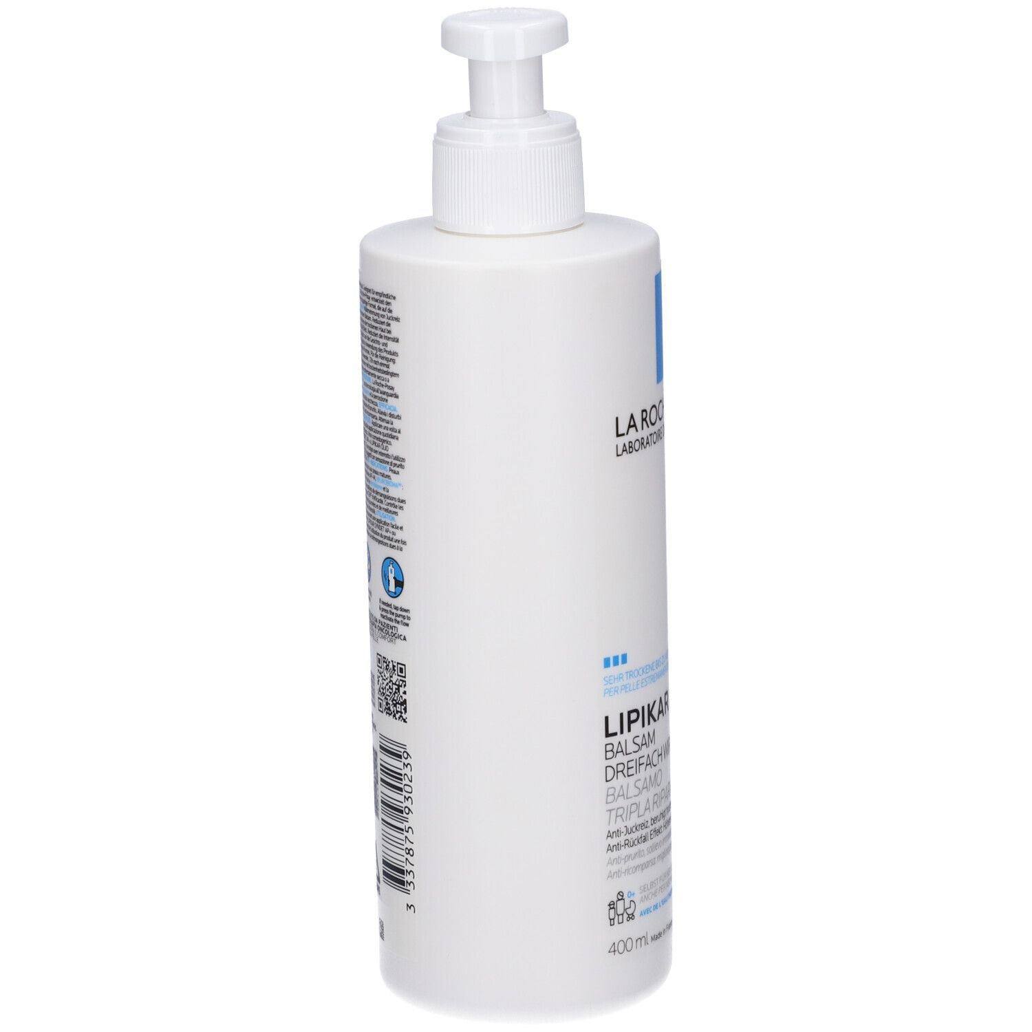 Flacone bianco con dosatore. Testo e codice QR sul lato. Logo LA ROCHE-POSAY. 400ml.