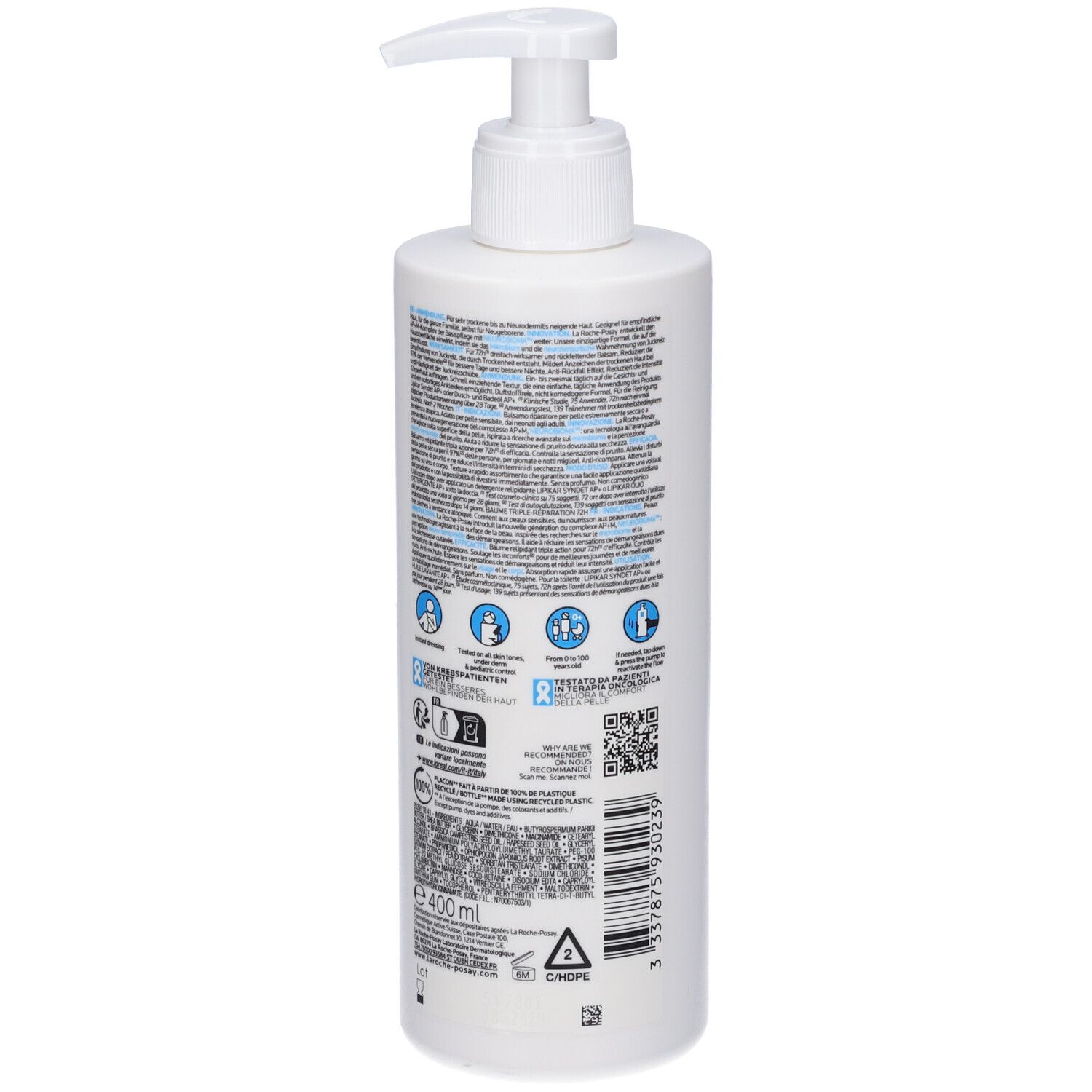 Flacone bianco con dosatore. Retro con testo e simboli. Logo LA ROCHE-POSAY. 400ml.