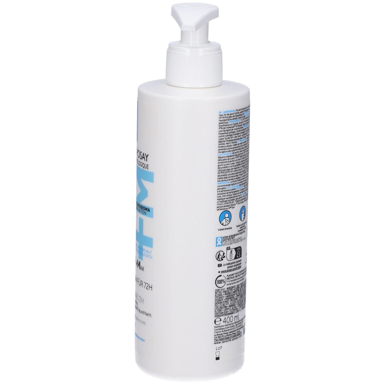 Flacone bianco con dosatore. Retro con testo e simboli. Logo LA ROCHE-POSAY. 400ml.