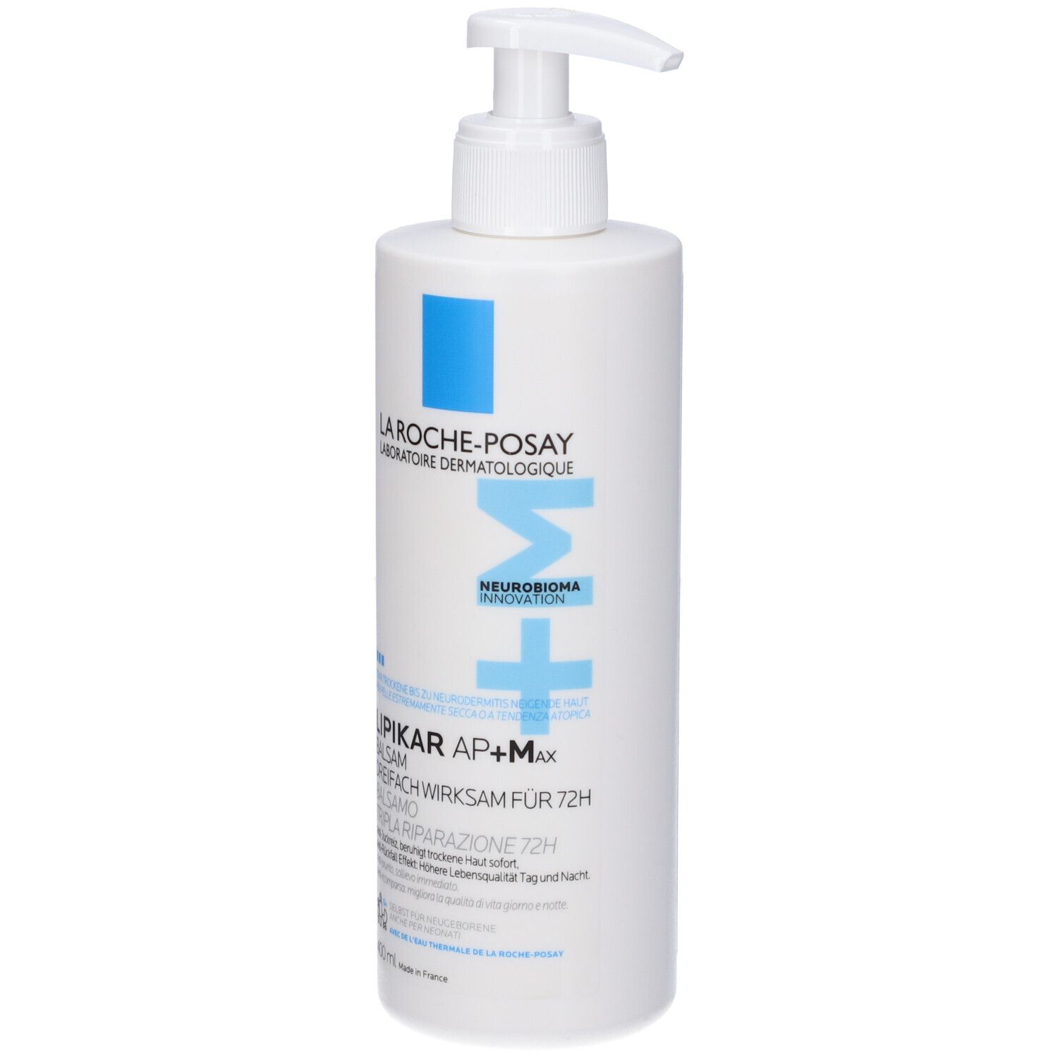 Flacone bianco con dosatore. Loghi blu e testo: LA ROCHE-POSAY, LIPIKAR AP+M, Balsamo. Testo in tedesco e italiano. 400ml.