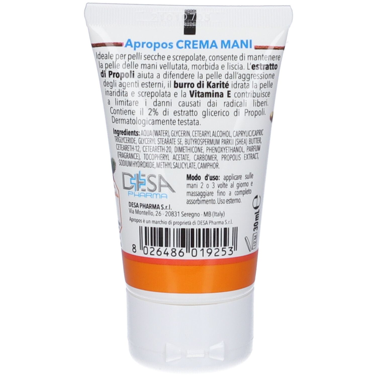 Retro del tubo di crema Apropos Crema Mani. Testo in italiano. Logo del produttore Desa Pharma.