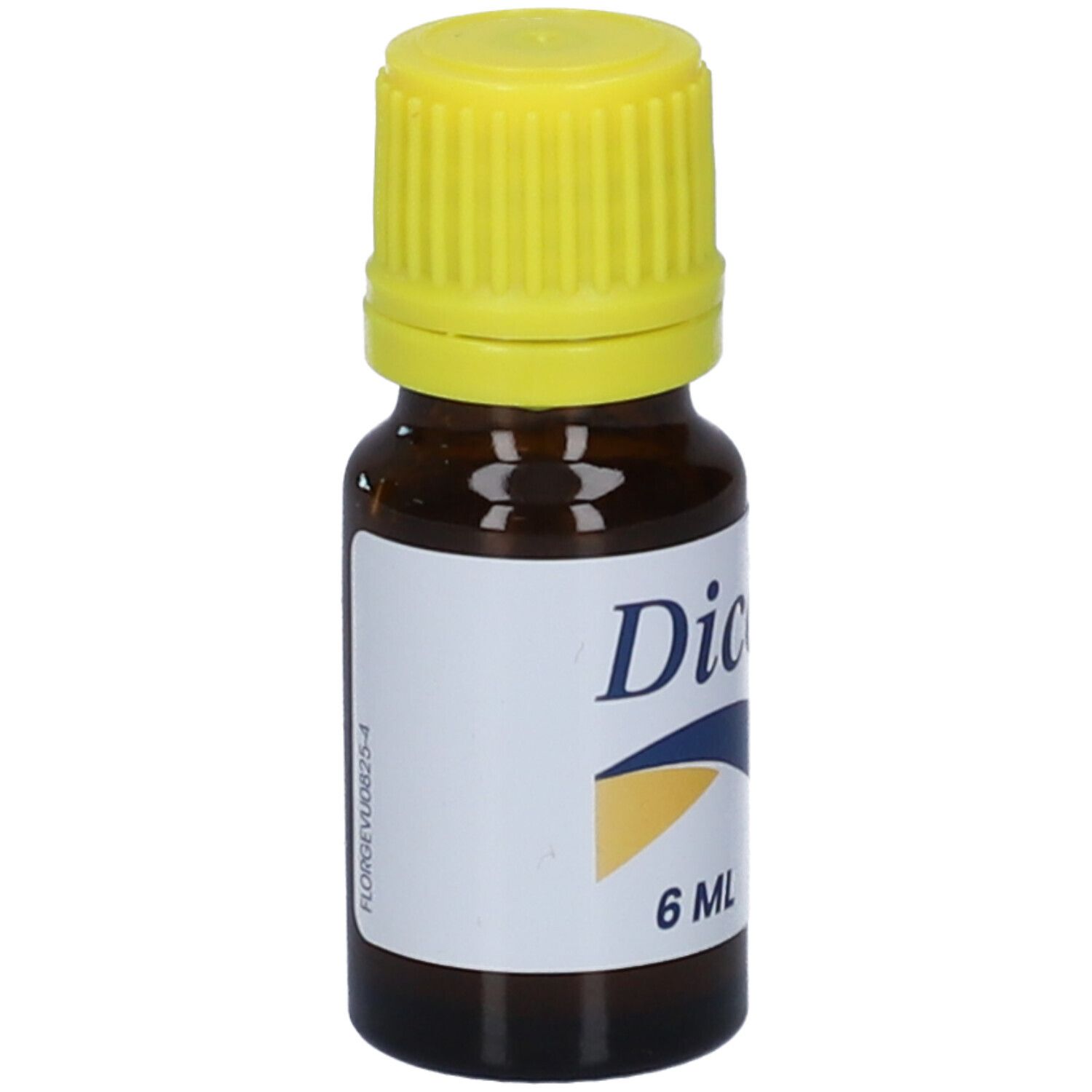 Flacone di vetro marrone con tappo giallo. Scritta: Dicoflor, 6 ml.