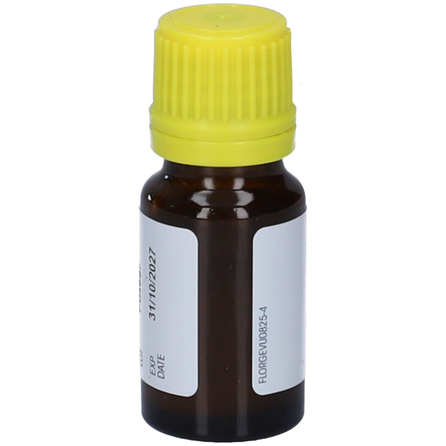 Flacone di vetro marrone con tappo giallo. Scritta: Dicoflor, 6 ml. Etichetta con data di scadenza.