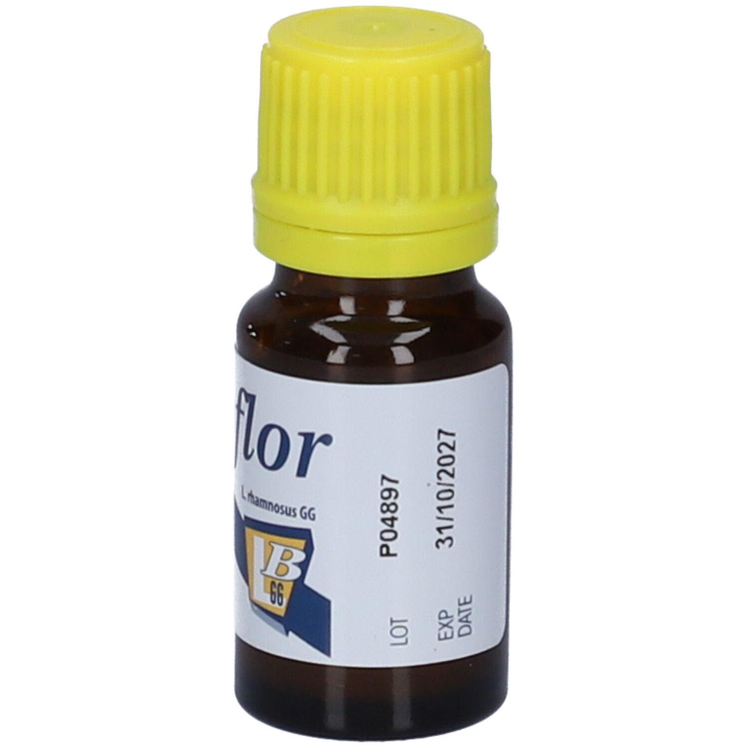 Flacone di vetro marrone con tappo giallo. Scritta: Dicoflor, 6 ml. Etichetta con numero di lotto e data di scadenza.