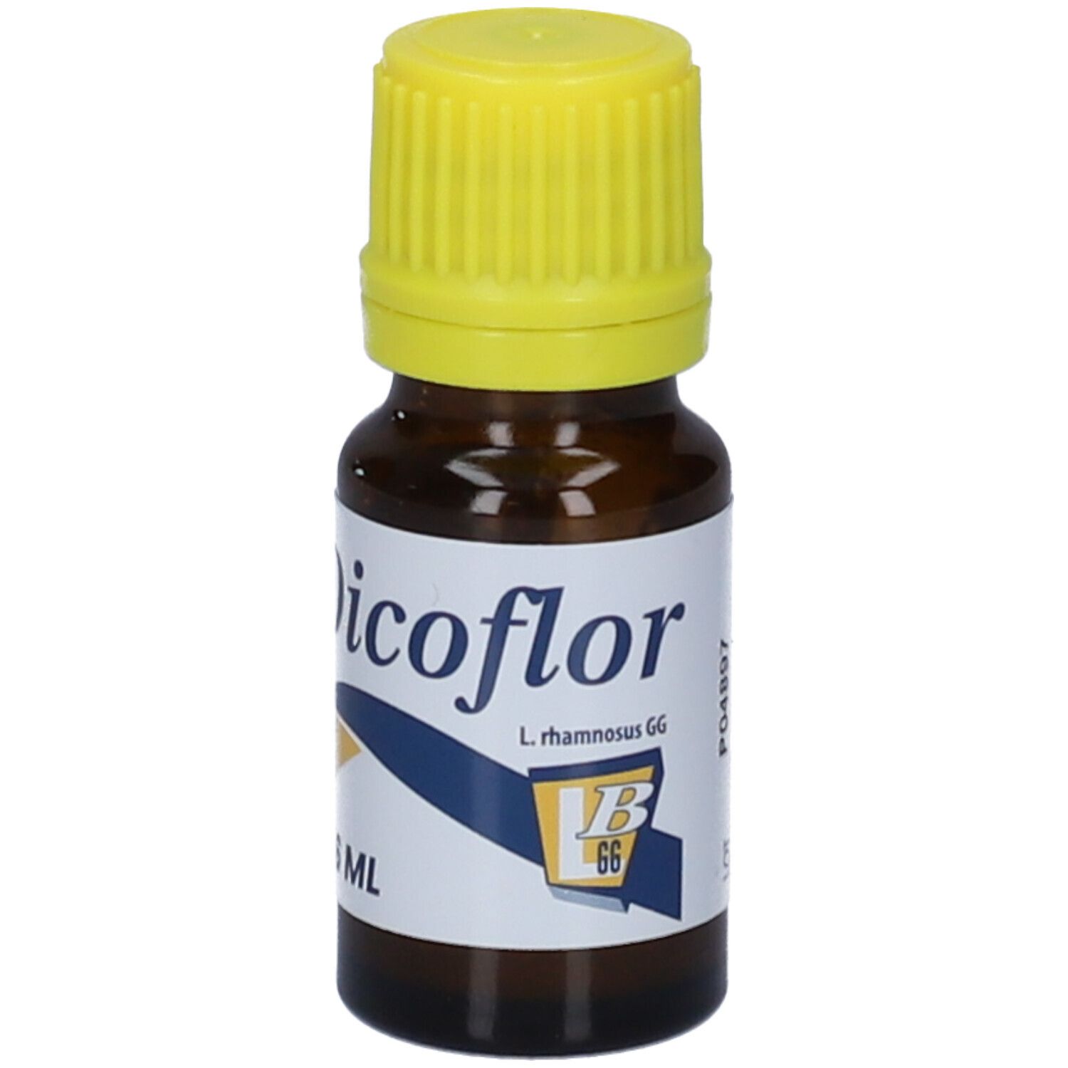 Flacone di vetro marrone con tappo giallo. Scritta: Dicoflor, 6 ml.