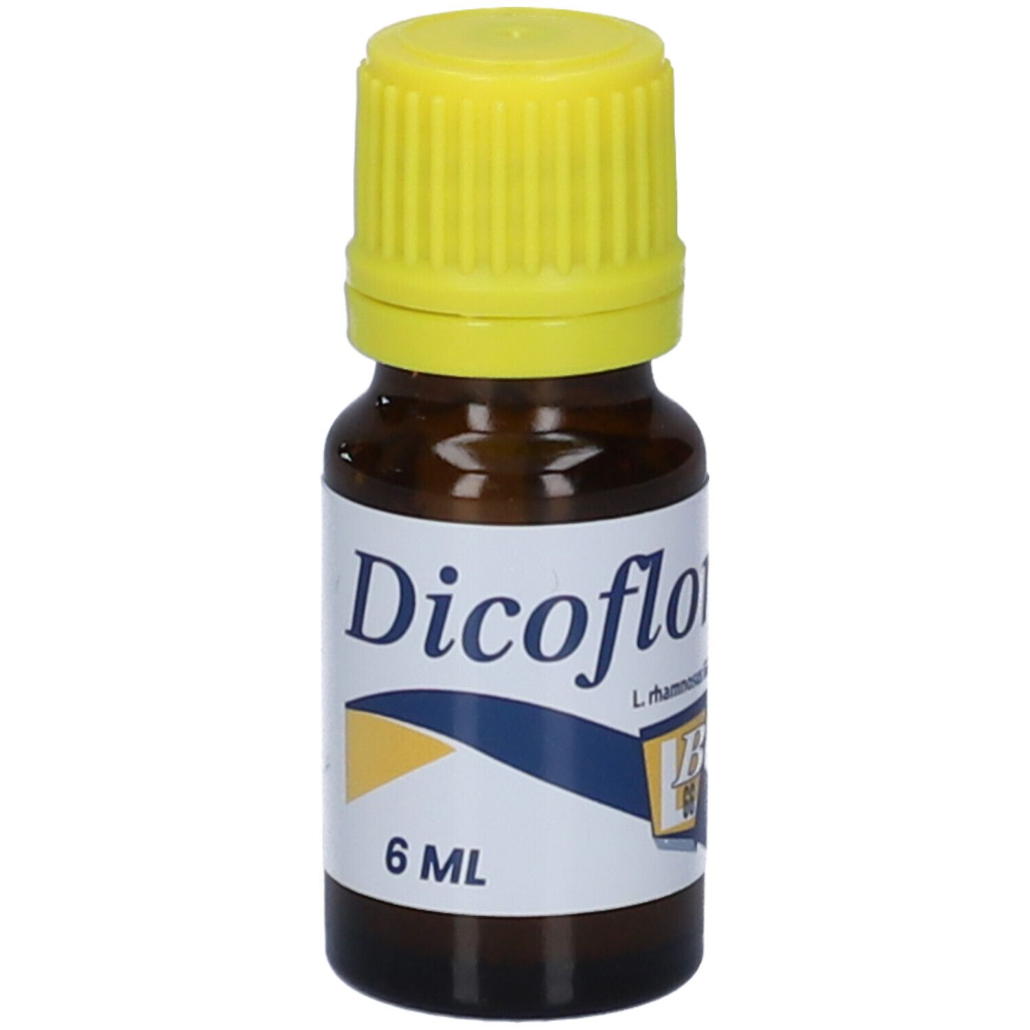 Flacone di vetro marrone con tappo giallo. Scritta: Dicoflor, 6 ml.