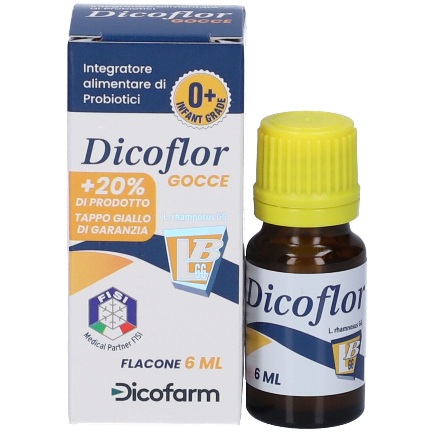 Flacone di vetro marrone con tappo giallo e scatola. Scritta: Dicoflor Gocce, 6 ml.