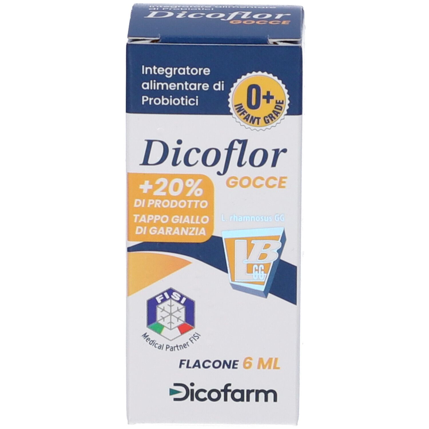 Scatola con scritta: Dicoflor Gocce, 6 ml. Flacone con tappo giallo.