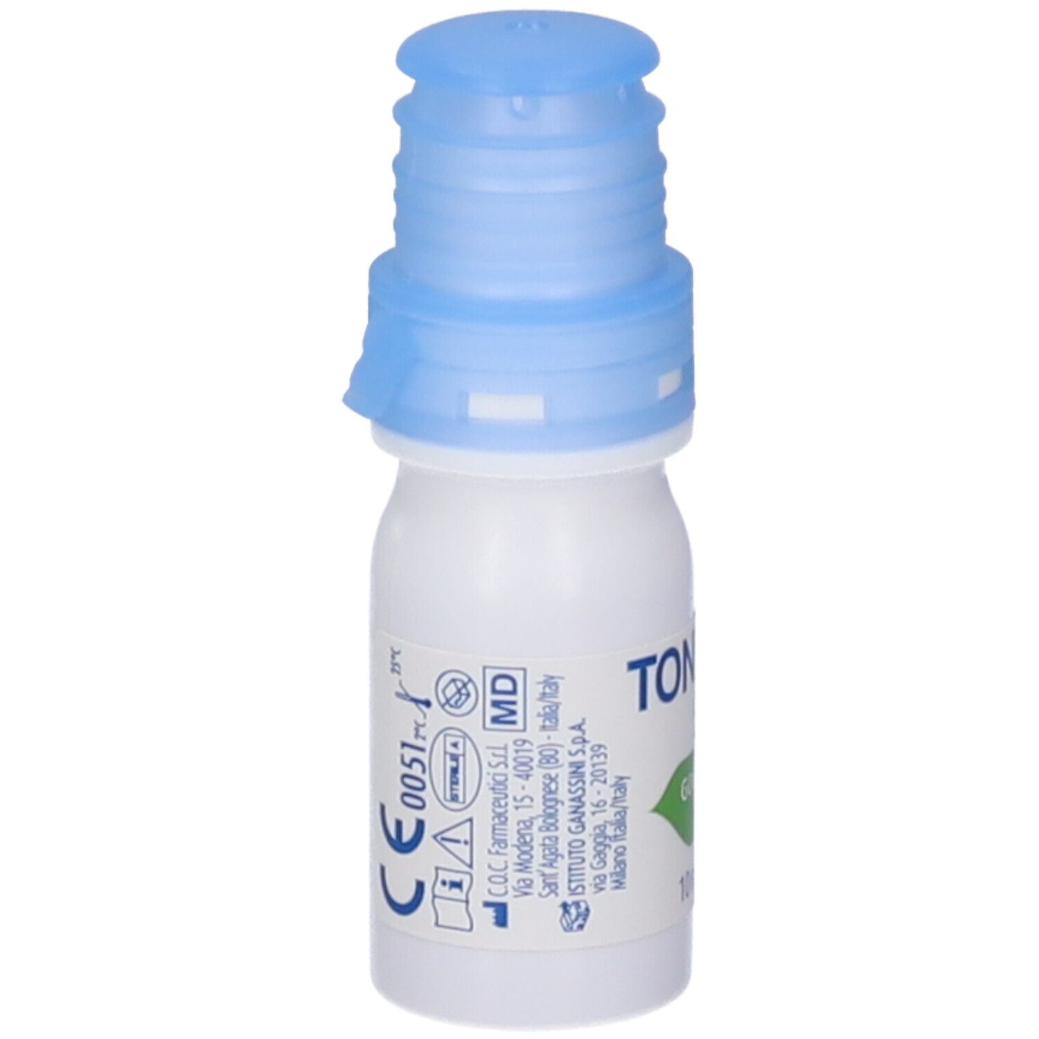 Flacone bianco con tappo blu. Scritta: TONIMER. Scritte e loghi. Marchio CE. Informazioni sull'indirizzo.