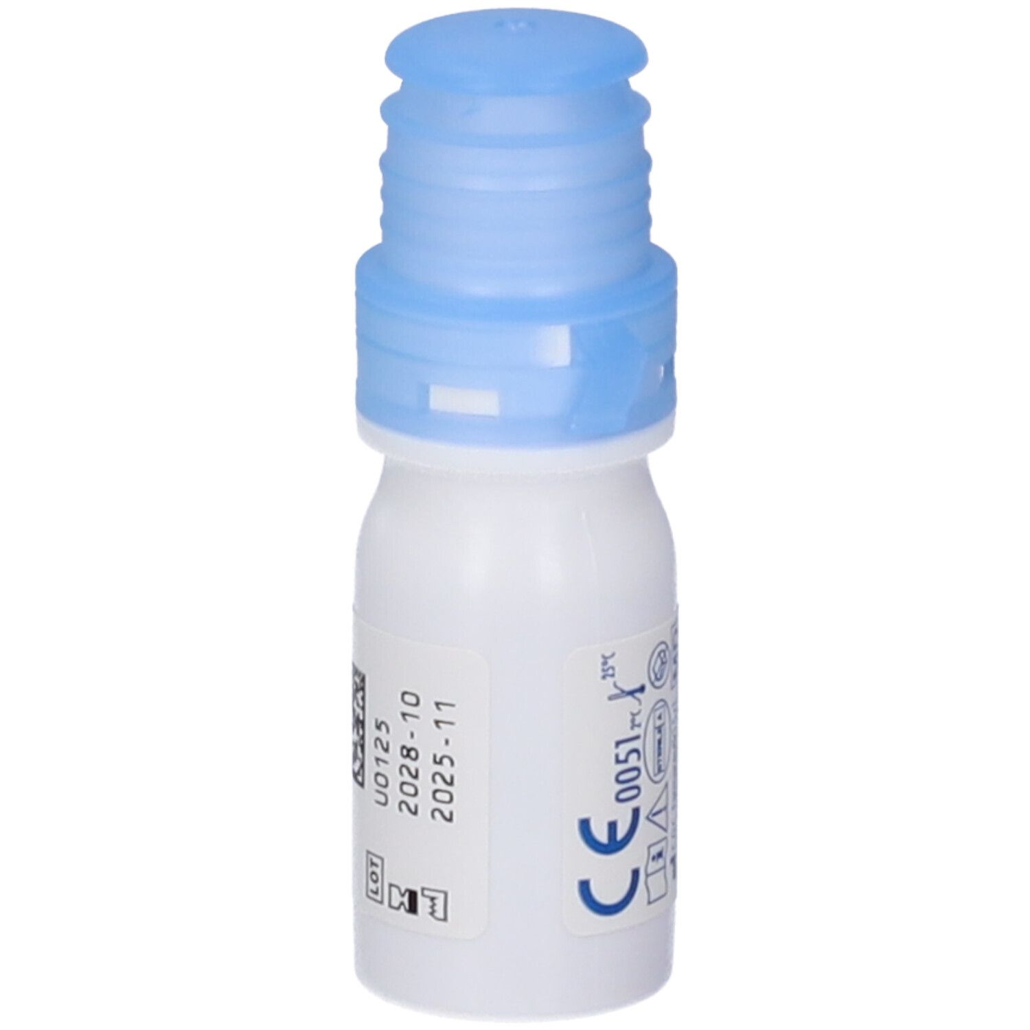 Flacone bianco con tappo blu. Scritta: U0125, 2028-10, 2025-11. Marchio CE. Altri loghi e scritte.