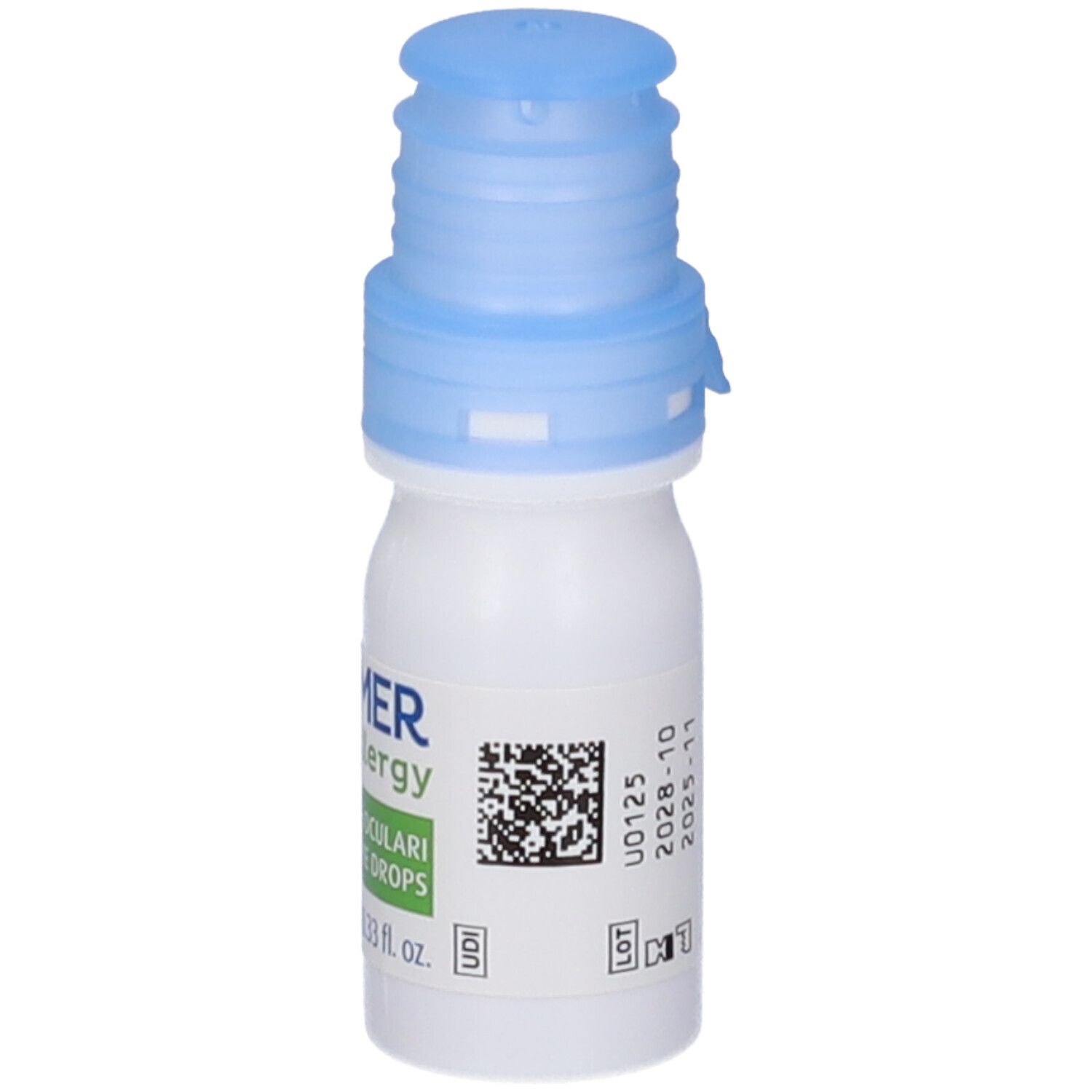 Flacone bianco con tappo blu. Scritta: TONIMER allergy, Gocce Oculari Eye Drops. Codice QR. 10 ml/0,33 fl. oz.