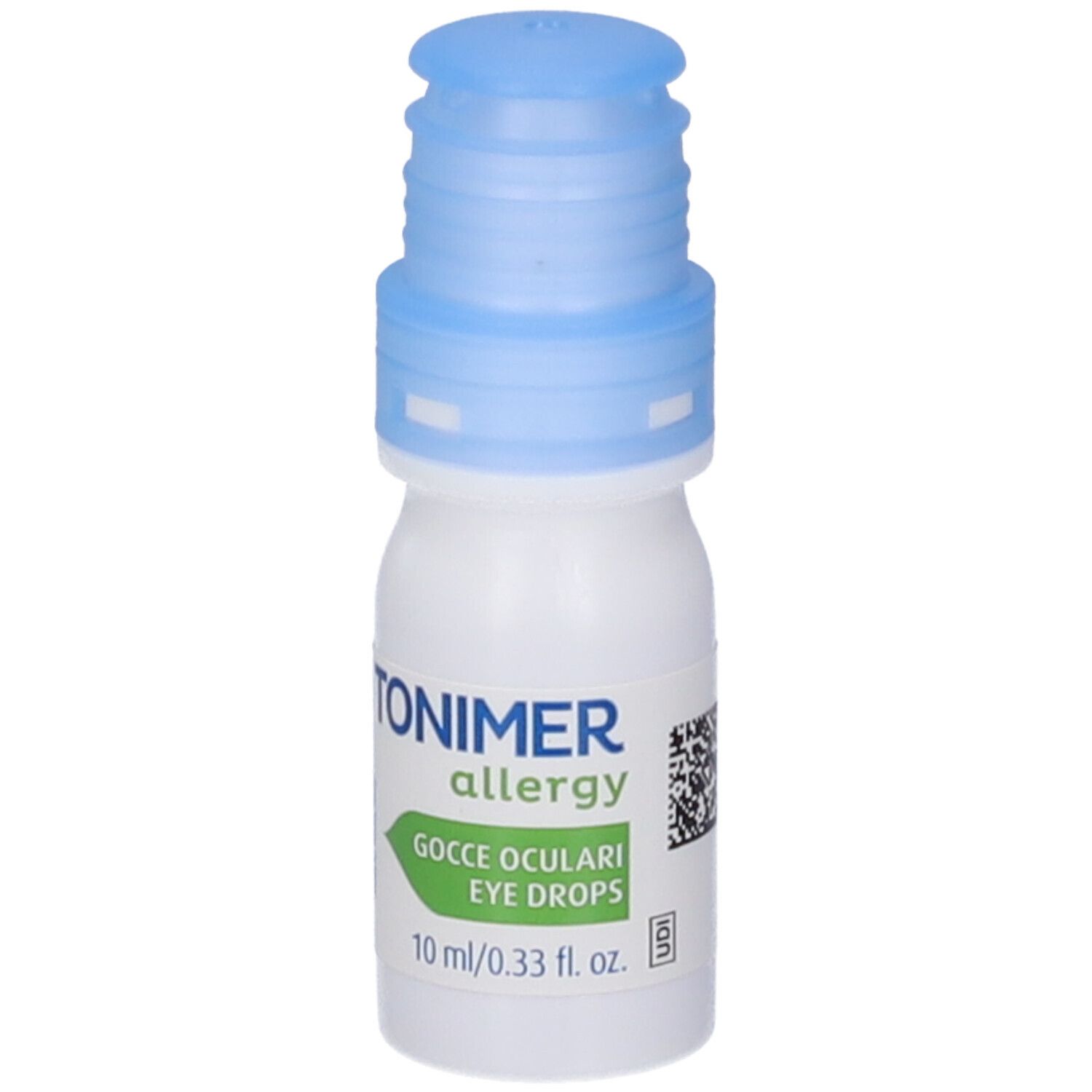 Flacone bianco con tappo blu. Scritta: TONIMER allergy, Gocce Oculari Eye Drops. 10 ml/0,33 fl. oz. Codice QR.