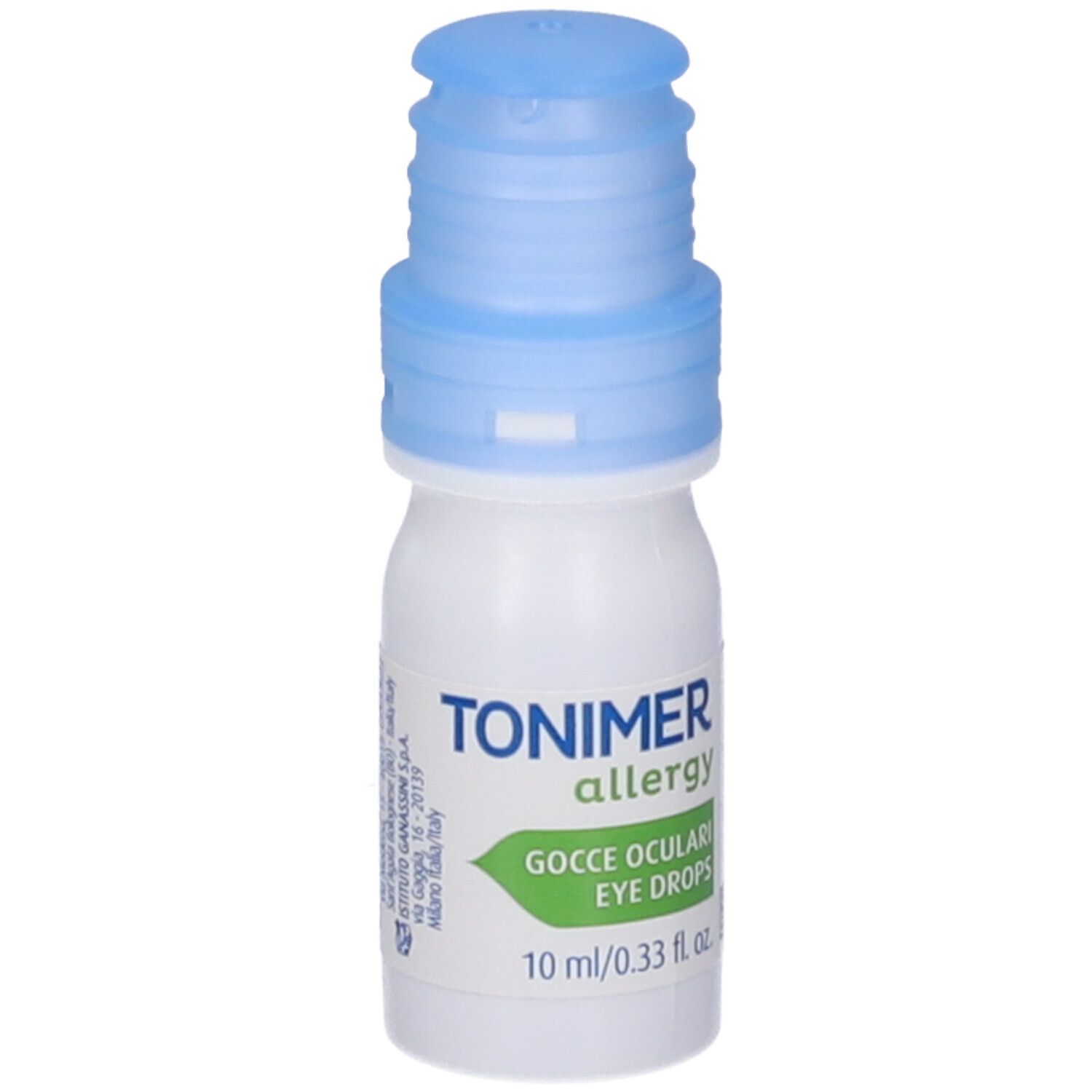 Flacone bianco con tappo blu. Scritta: TONIMER allergy, Gocce Oculari Eye Drops. 10 ml/0,33 fl. oz. Loghi.