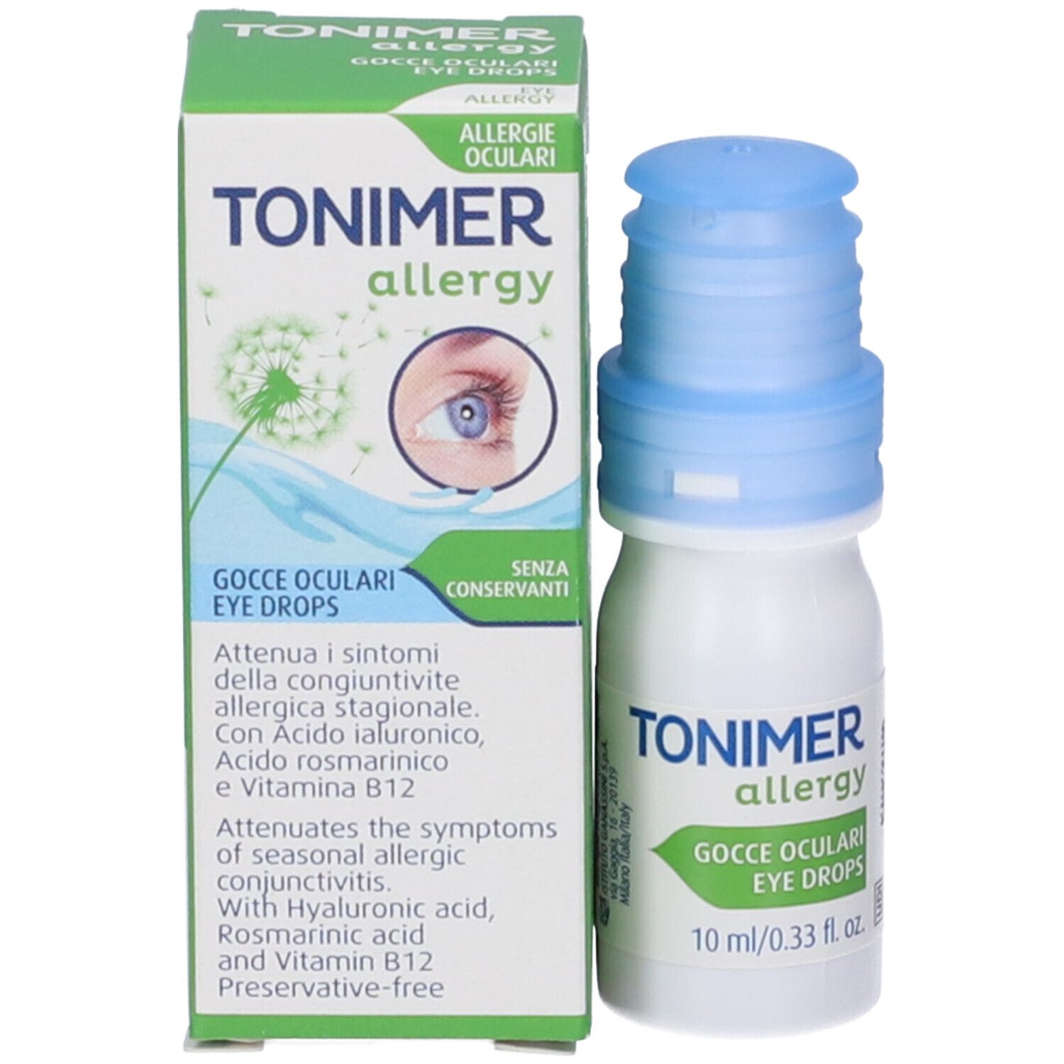 Confezione e flacone del prodotto. Confezione: TONIMER allergy, Gocce Oculari. Flacone: TONIMER allergy, 10 ml/0,33 fl. oz.