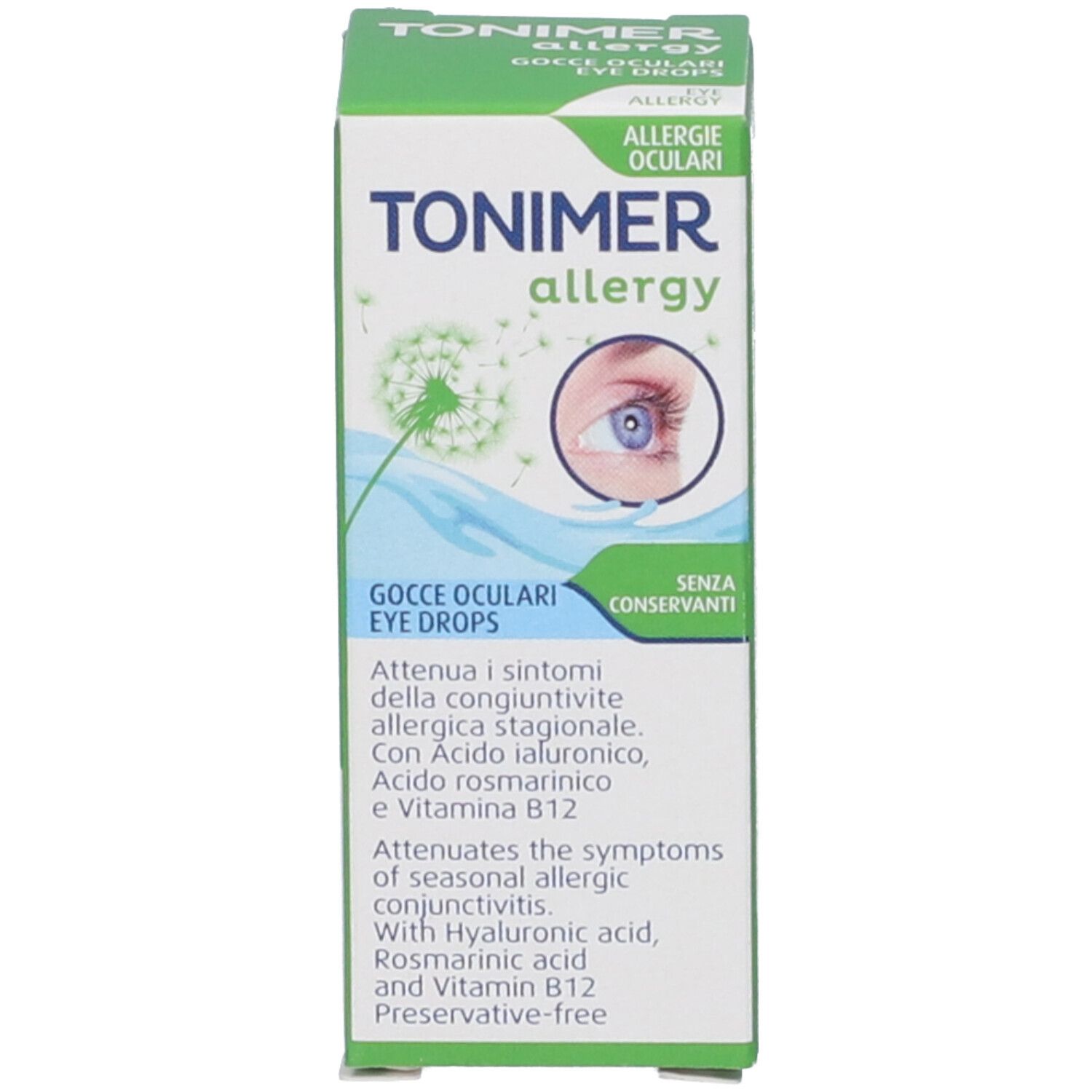 Confezione del prodotto. Scritta: TONIMER allergy, Gocce Oculari. Testo sulla congiuntivite allergica stagionale. Senza conservanti.