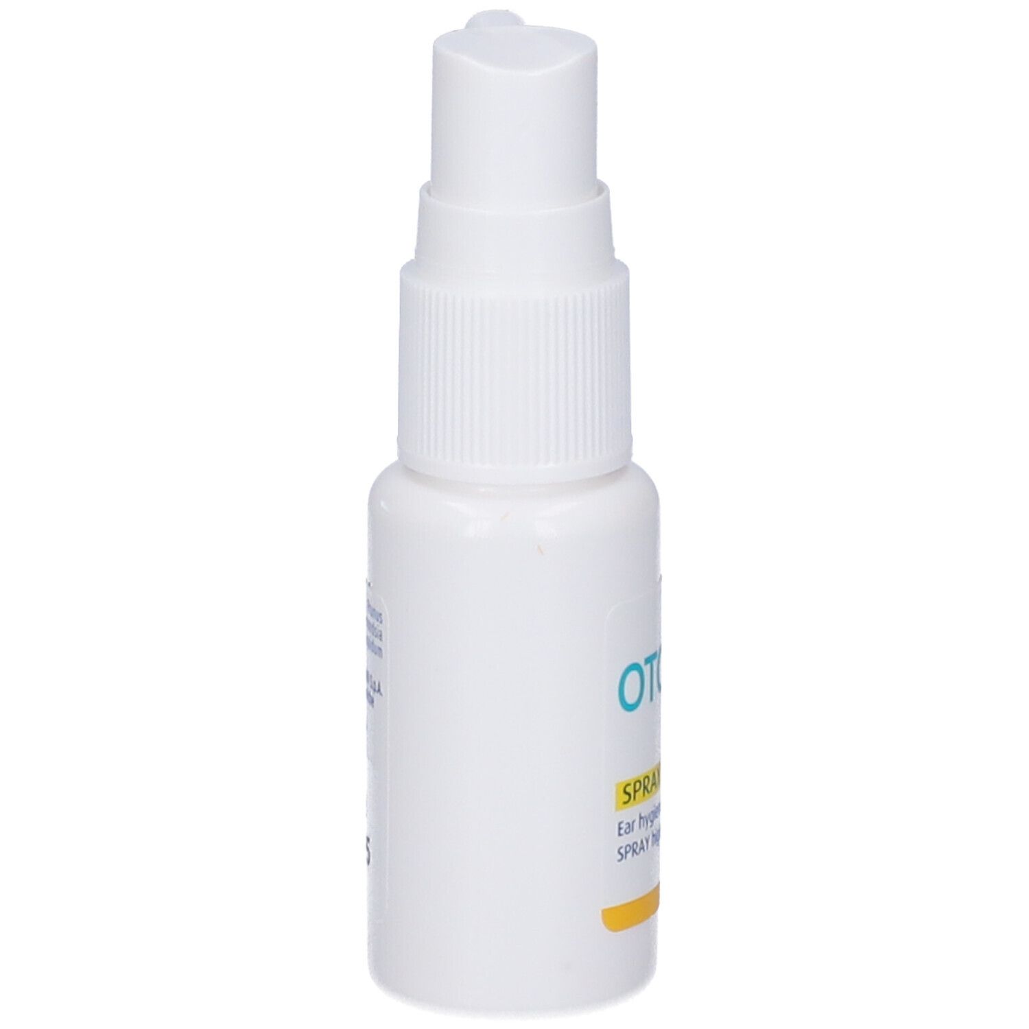 Flacone spray bianco con nome del prodotto. Vista laterale. Contiene il nome del prodotto e "Oil Spray".