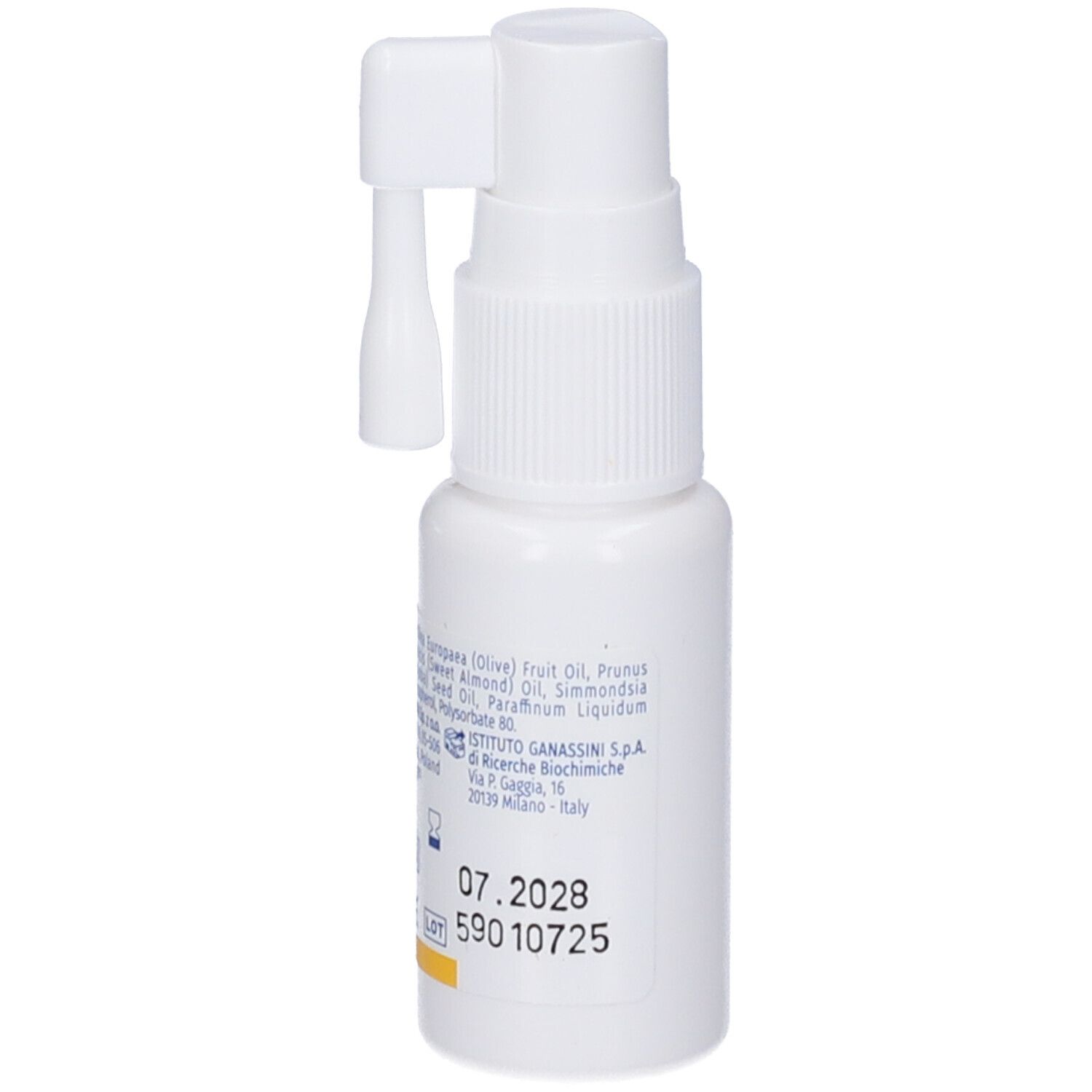 Flacone spray bianco con nome del prodotto e informazioni sugli ingredienti. Contiene il nome del prodotto e "Oil Spray".