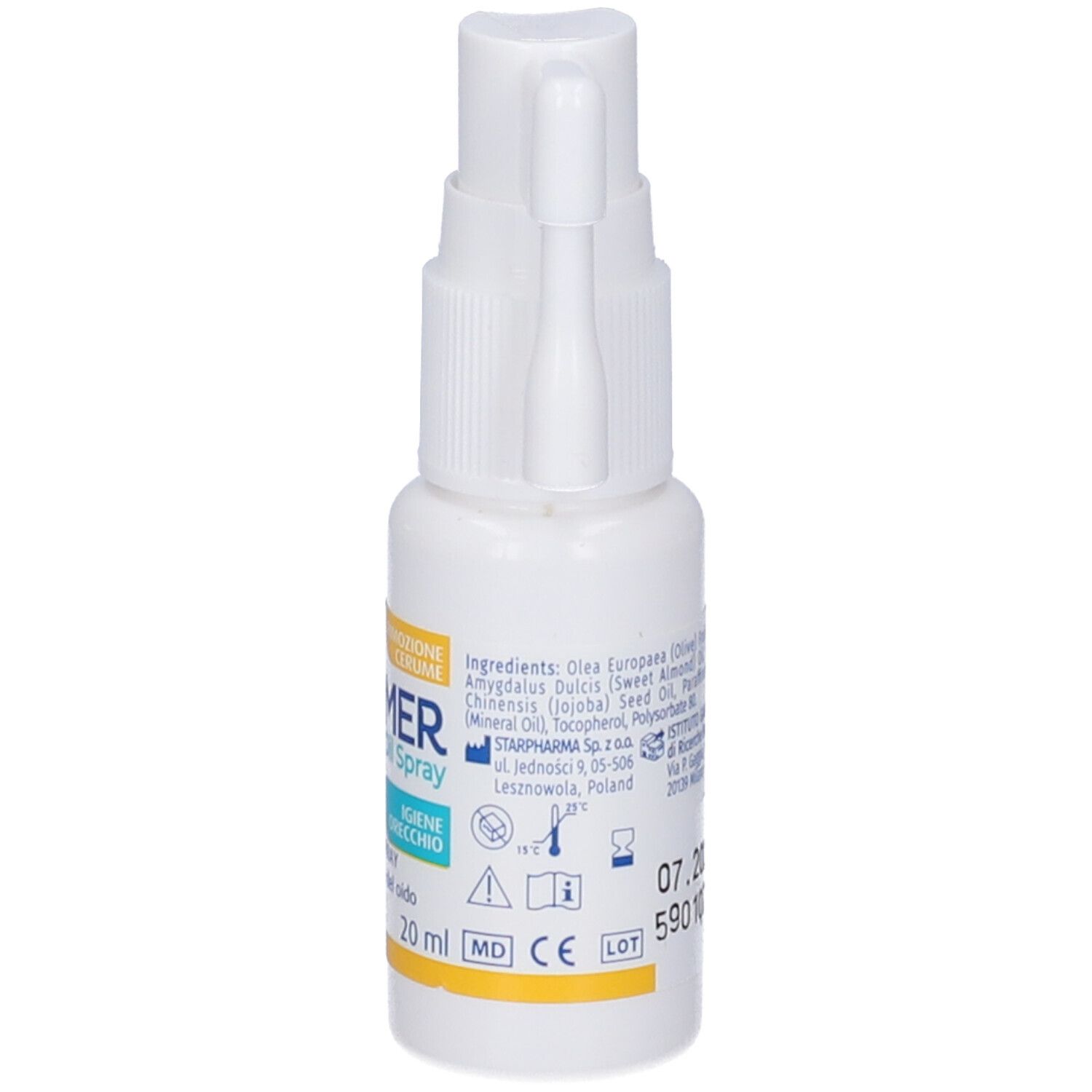 Flacone spray bianco con nome del prodotto e informazioni sugli ingredienti. Contiene il nome del prodotto e "Oil Spray".