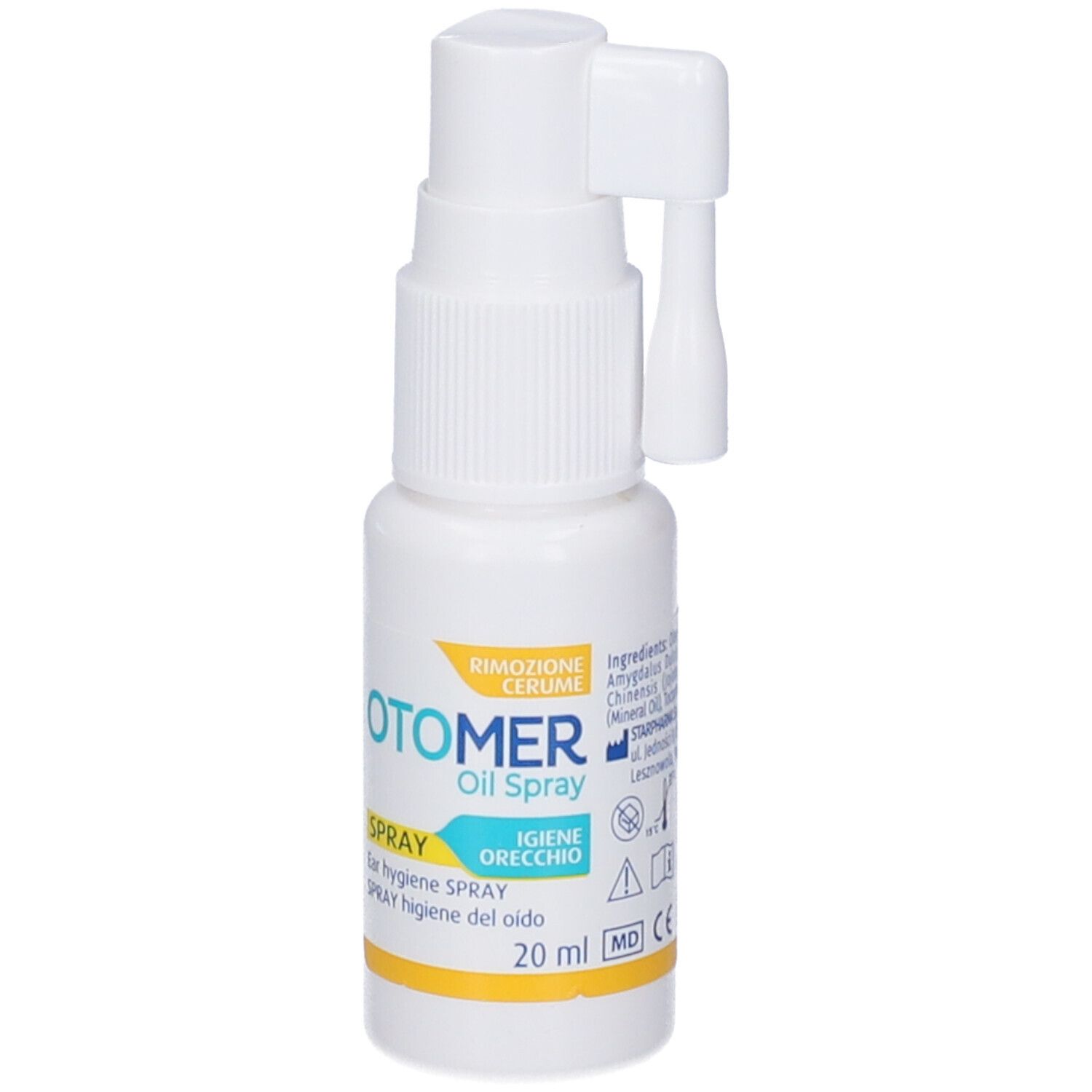 Flacone spray bianco con dettagli gialli. Contiene il nome del prodotto e "Oil Spray". Con erogatore e applicatore auricolare.