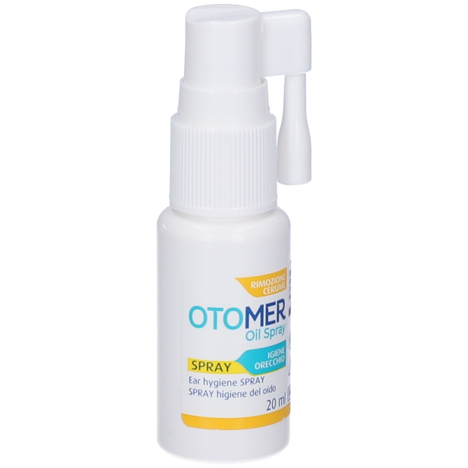 Flacone spray bianco con dettagli gialli. Contiene il nome del prodotto e "Oil Spray". Con erogatore e applicatore auricolare.
