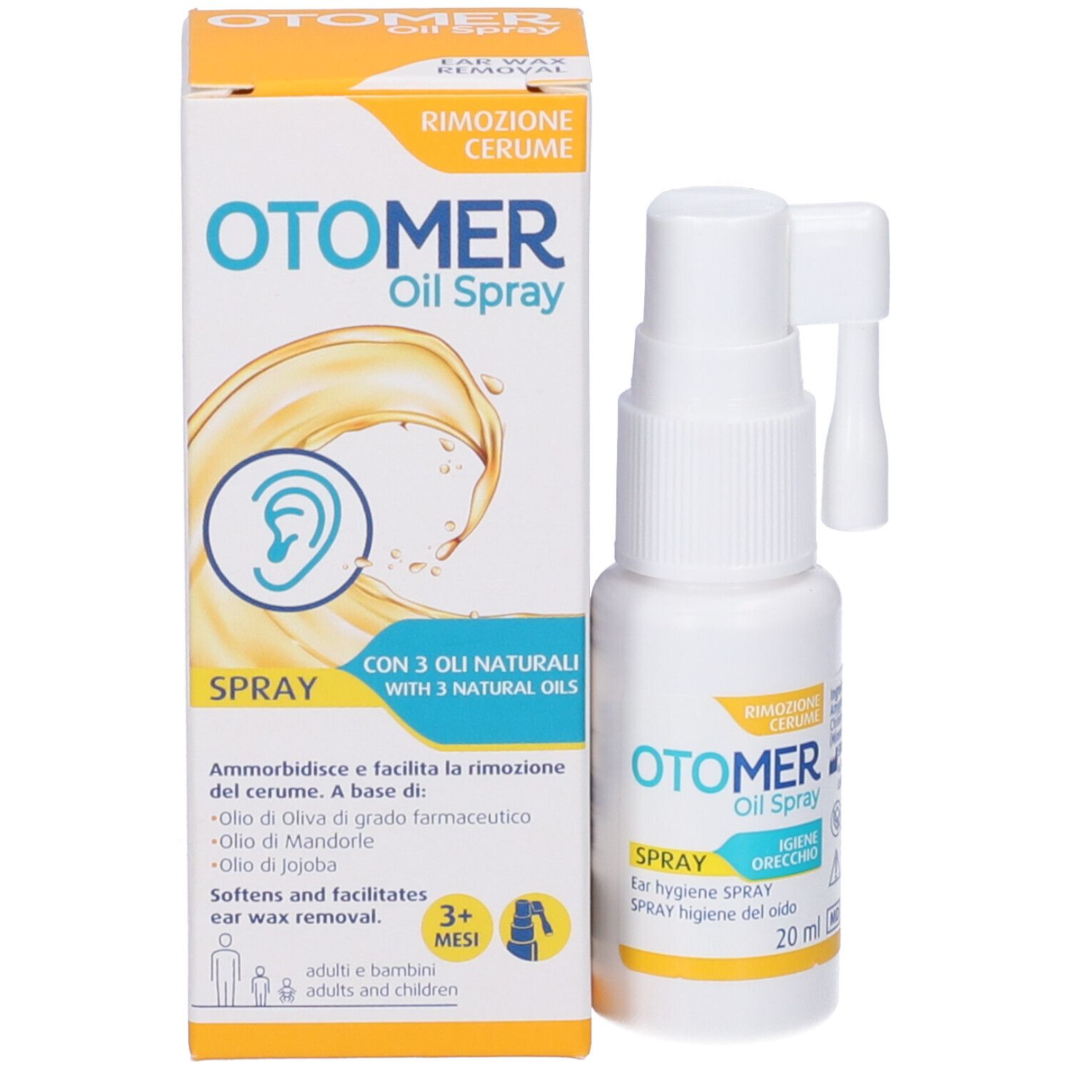 Confezione del prodotto e flacone spray. Contiene il nome del prodotto e "Oil Spray". Con erogatore e applicatore auricolare.