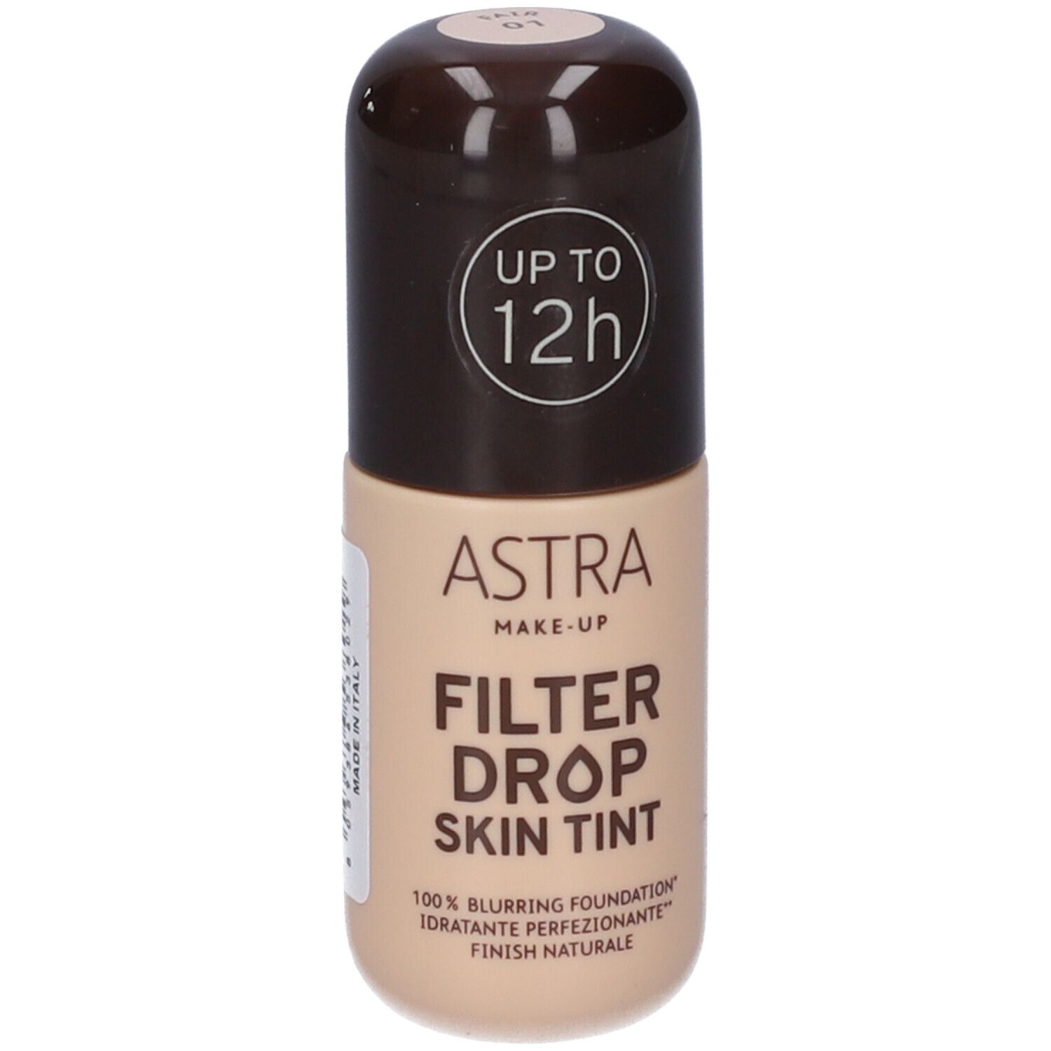 Flacone Astra Make-up Filterdrop Skin Tint. Tappo marrone, flacone beige. Testo: Fino a 12 ore, Filter Drop Skin Tint.