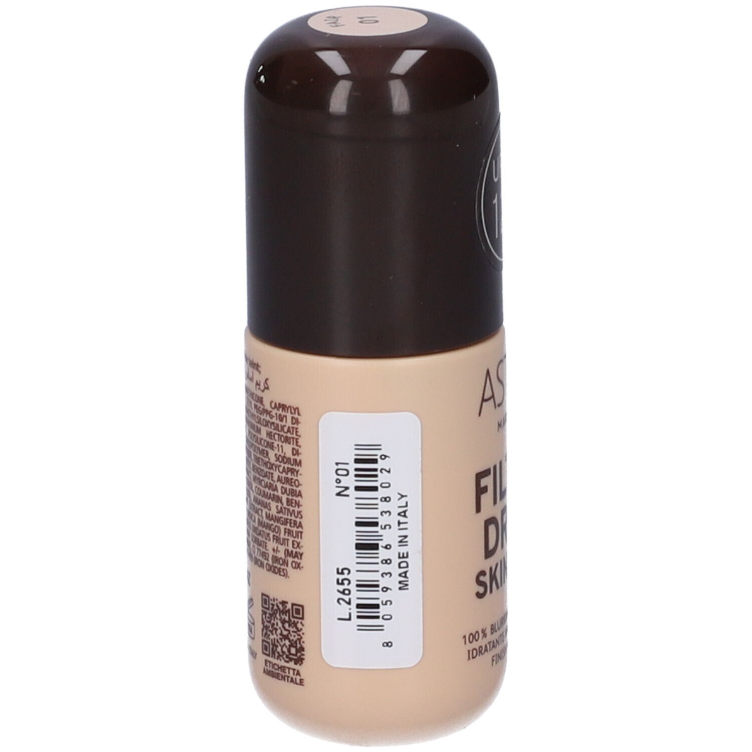 Flacone Astra Make-up Filterdrop Skin Tint. Tappo marrone, flacone beige. Testo: Fino a 12 ore, Filter Drop Skin Tint.