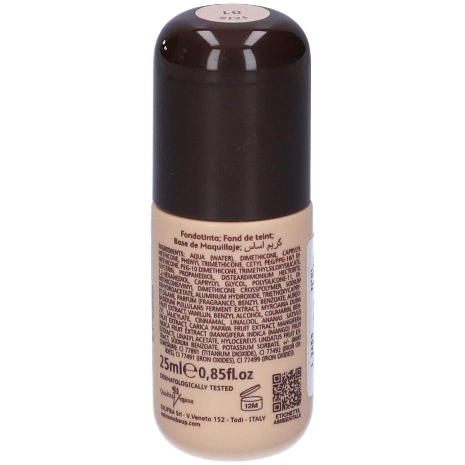 Flacone Astra Make-up Filterdrop Skin Tint. Tappo marrone, flacone beige. Testo: Fino a 12 ore, Filter Drop Skin Tint.