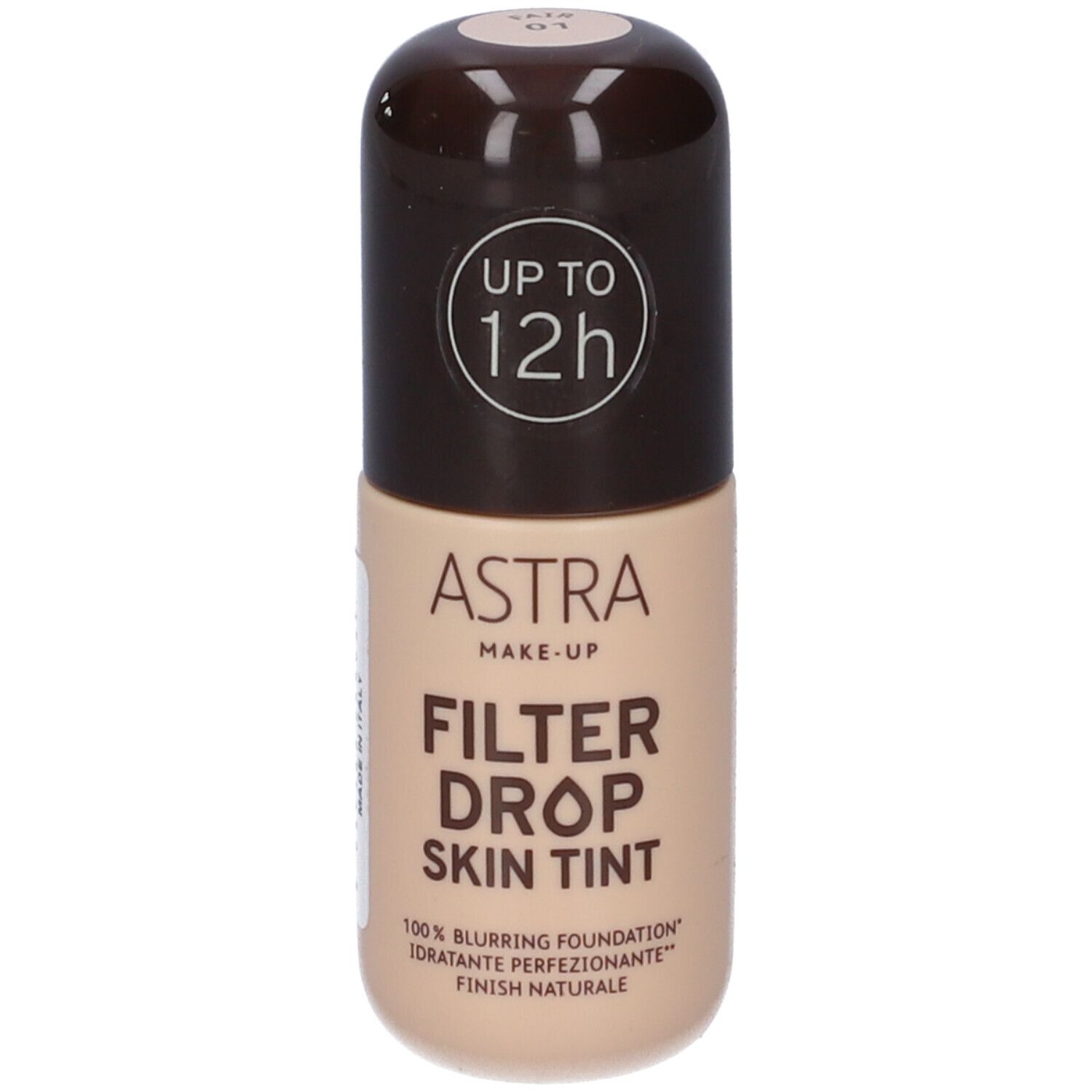 Flacone Astra Make-up Filterdrop Skin Tint. Tappo marrone, flacone beige. Testo: Fino a 12 ore, Filter Drop Skin Tint.