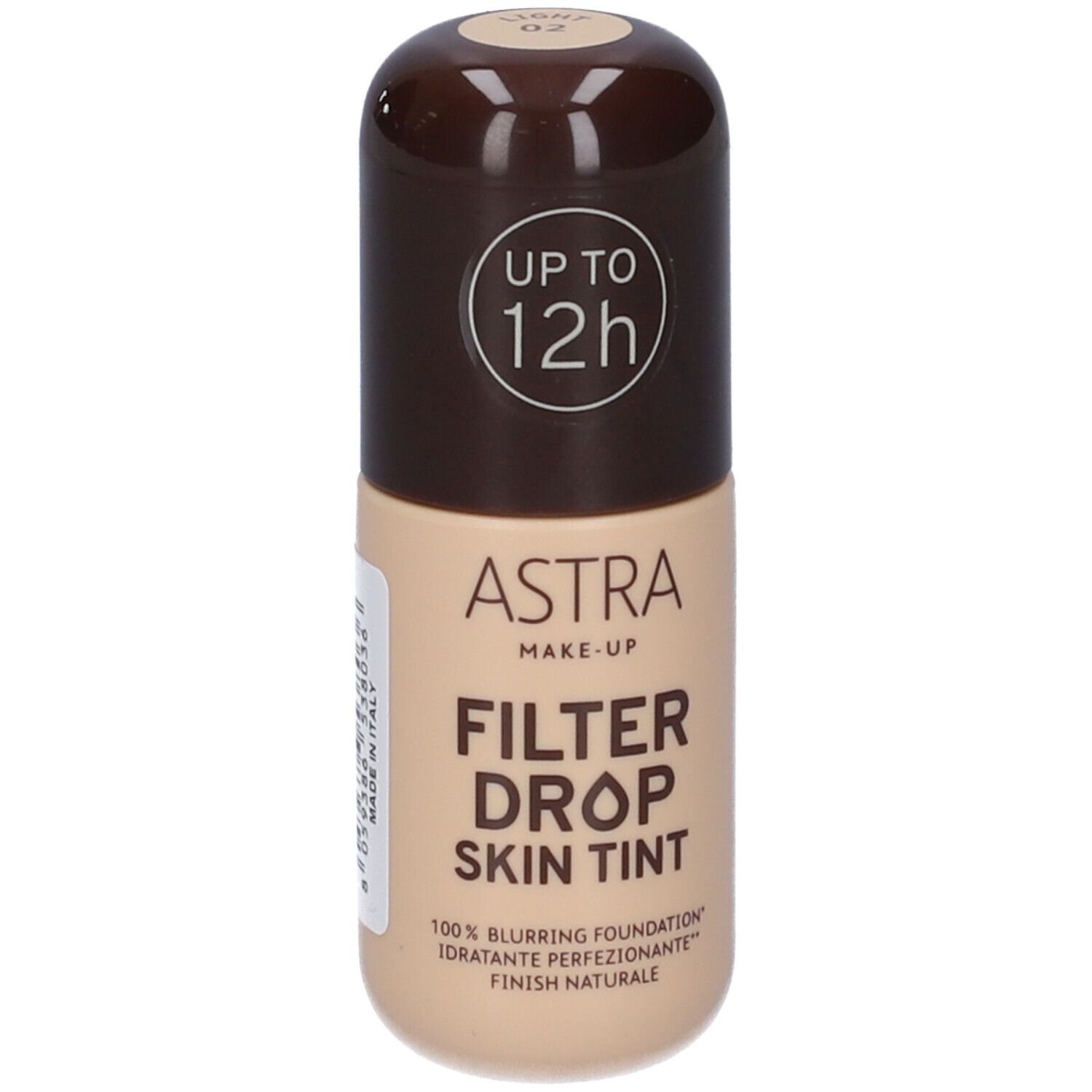 Astra Make-up Filterdrop Skin Tint 02 Light. Flacone con tappo marrone. Testo: fino a 12 ore.