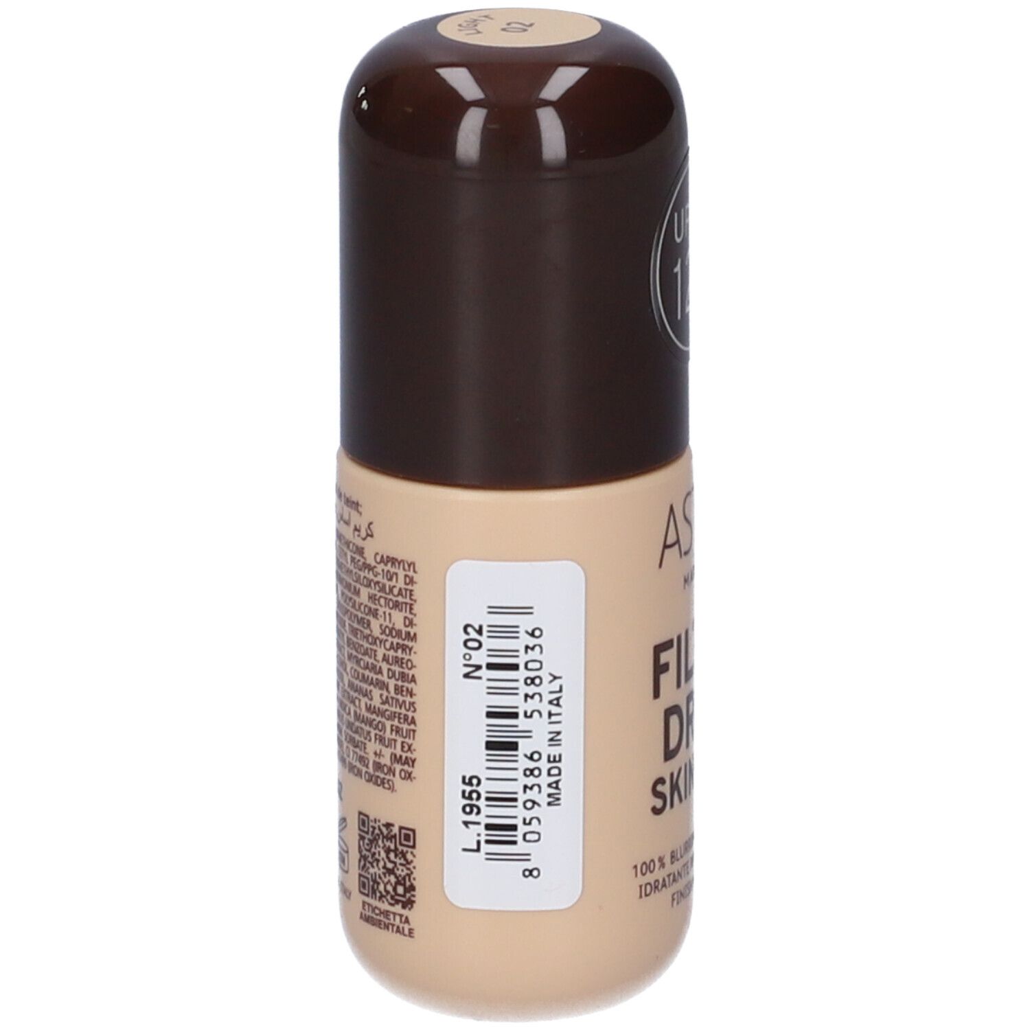 Astra Make-up Filterdrop Skin Tint 02 Light. Retro del flacone con ingredienti.
