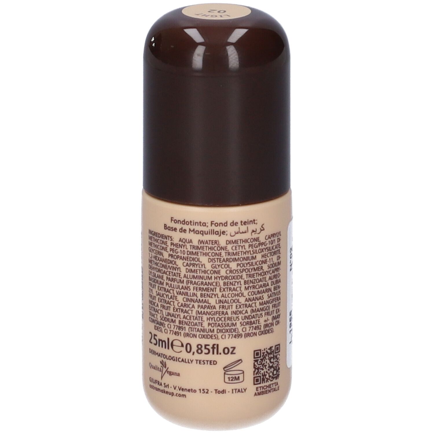 Astra Make-up Filterdrop Skin Tint 02 Light. Retro del flacone con ingredienti.