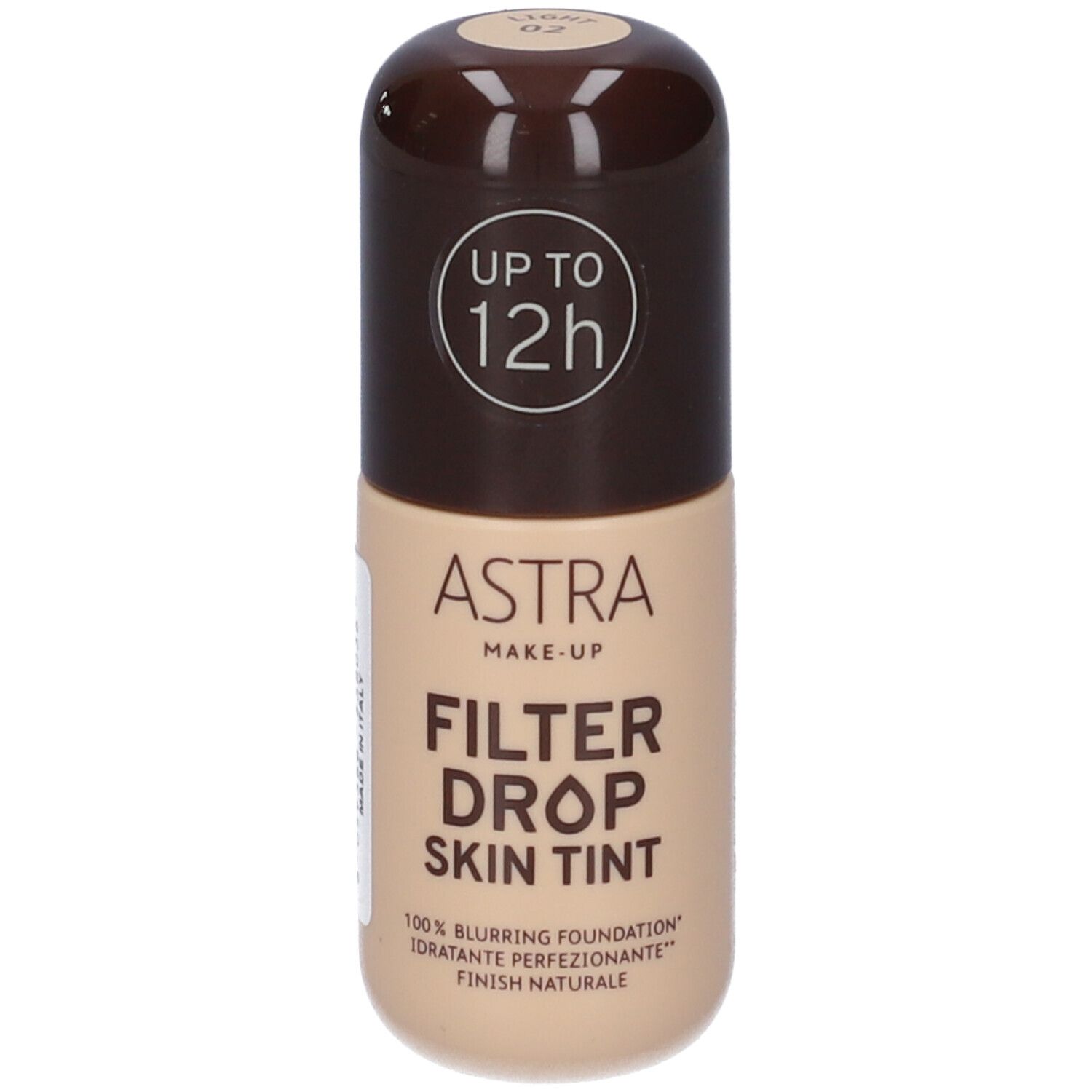 Astra Make-up Filterdrop Skin Tint 02 Light. Flacone con tappo marrone. Testo: fino a 12 ore.