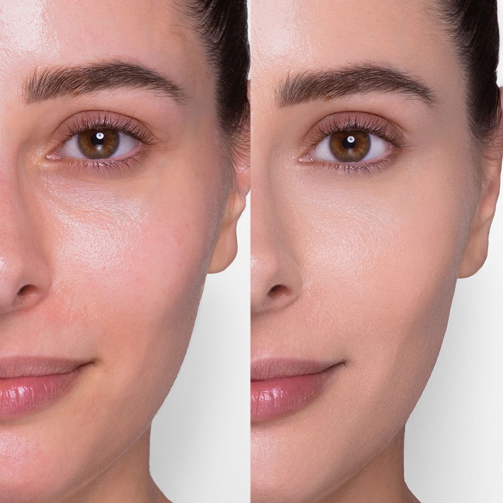 Metà viso con e senza Astra Make-up Filterdrop Skin Tint. Differenza evidente.