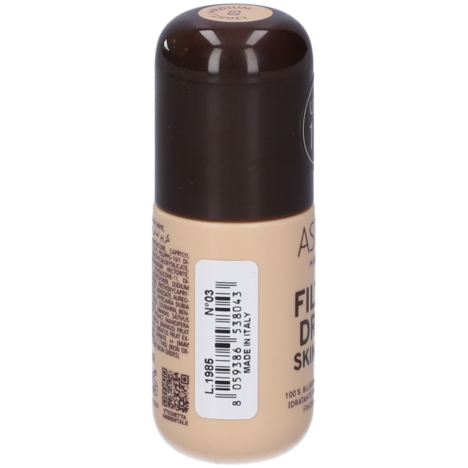 Flacone beige con tappo marrone. Adesivo con informazioni sul prodotto e codice a barre.